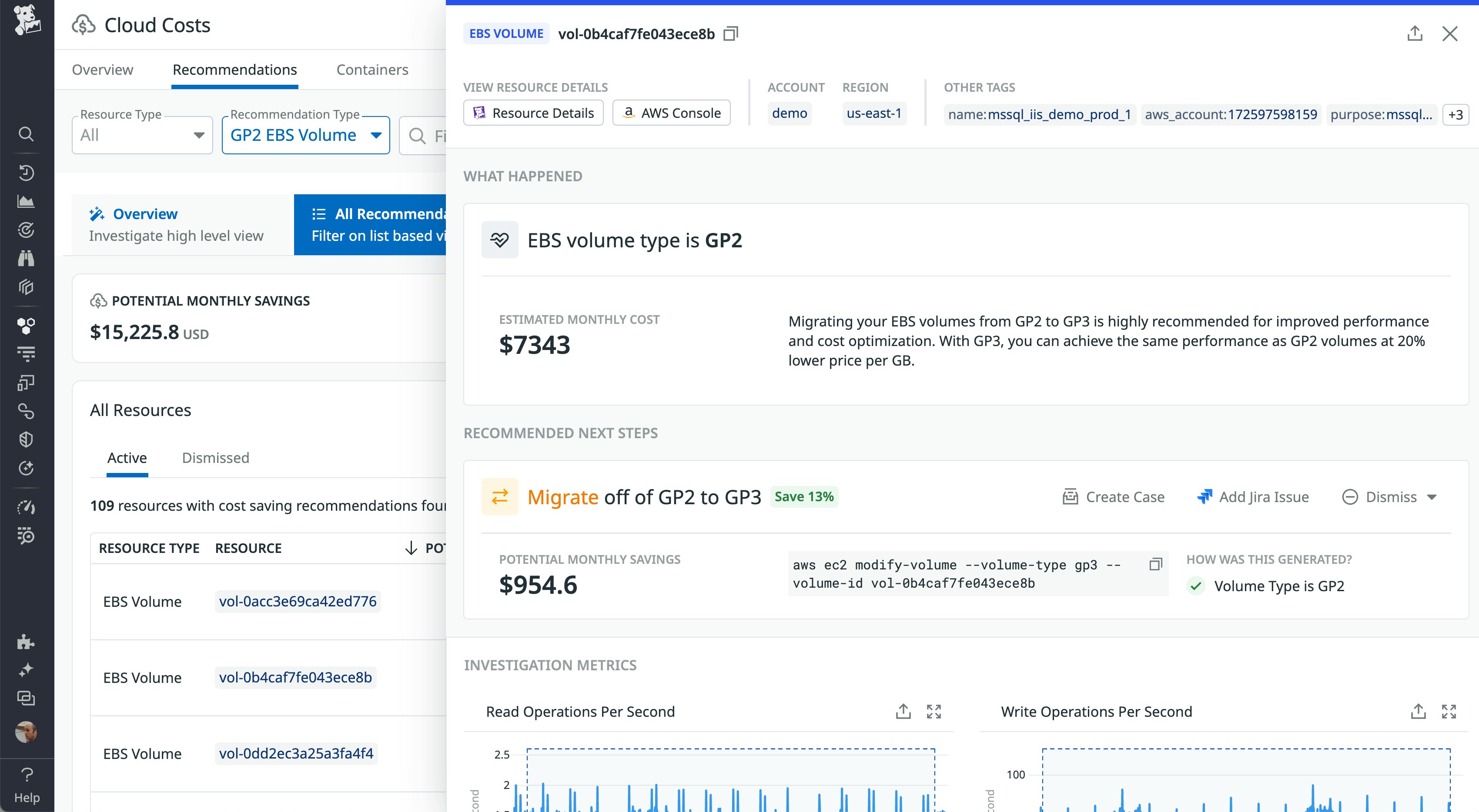 Recommendations for migrating EBS volume type from gp2 to gp3 with potential monthly savings details. Recommendations for migrating EBS volume type from gp2 to gp3 with potential monthly savings details.