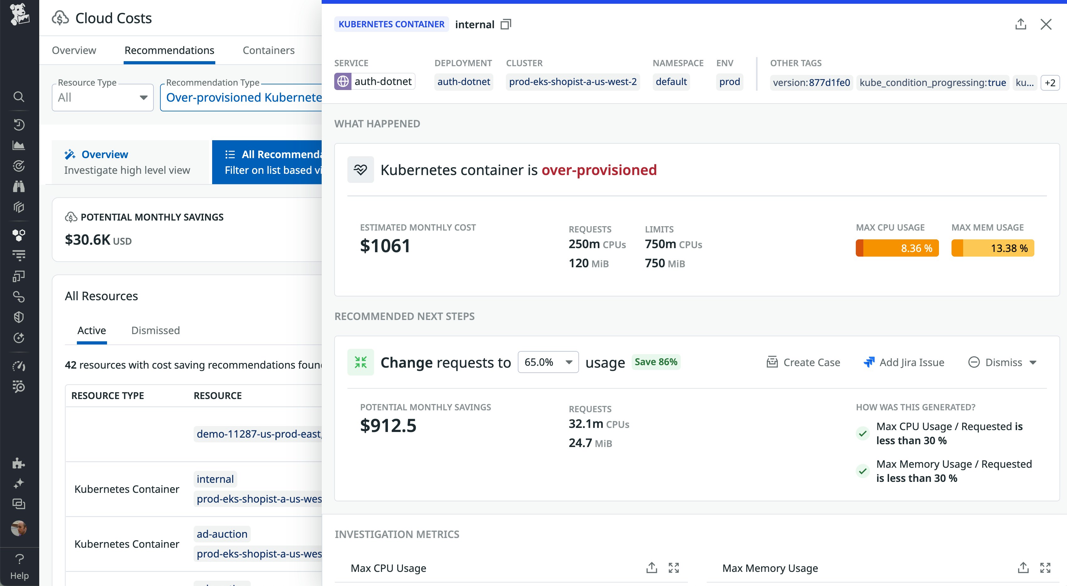 Recommendations for an over-provisioned Kubernetes container with potential monthly savings details. Recommendations for an over-provisioned Kubernetes container with potential monthly savings details.