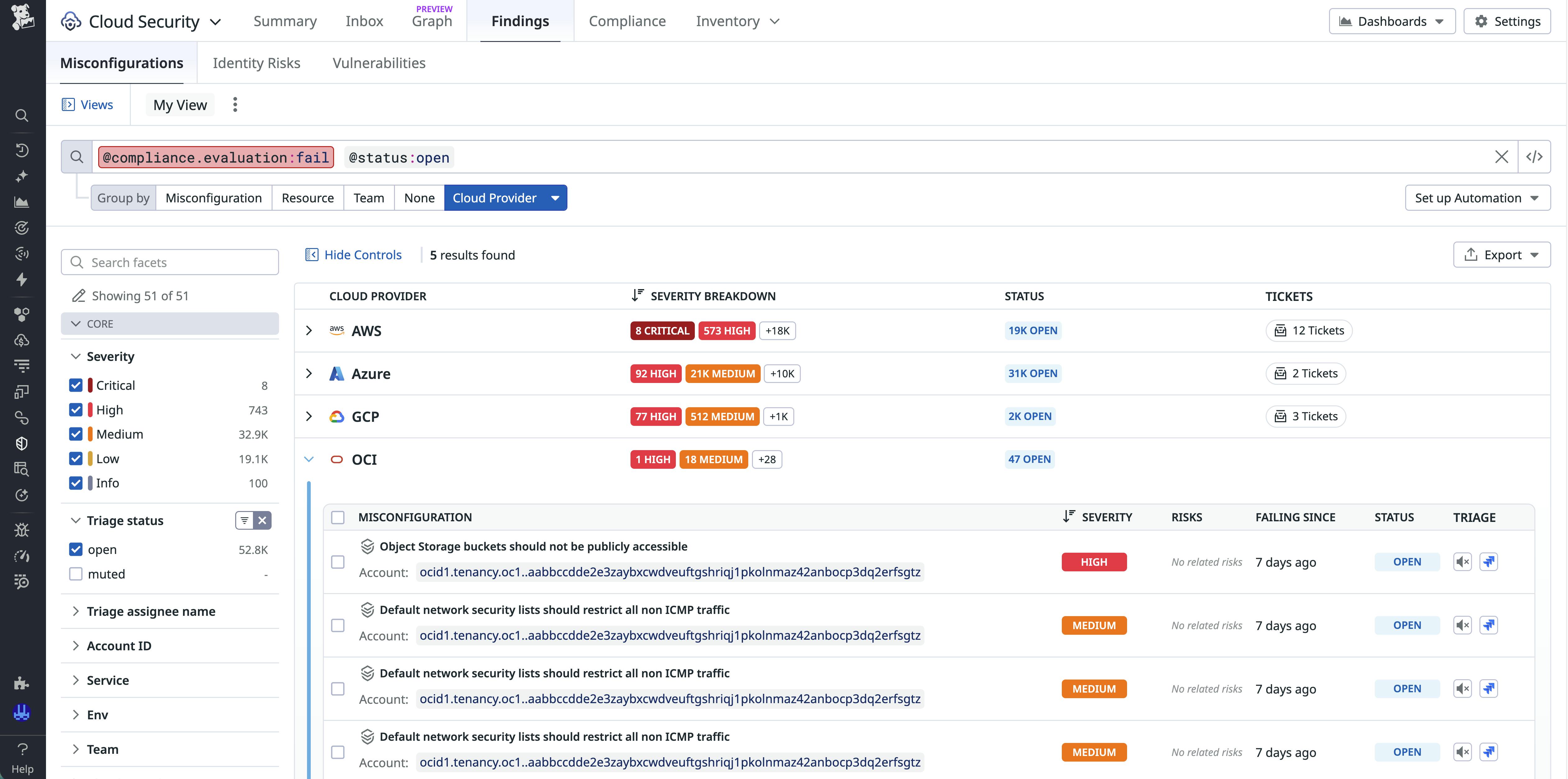 Screenshot of misconfigurations detected by Datadog Cloud Security, grouped by cloud provider.