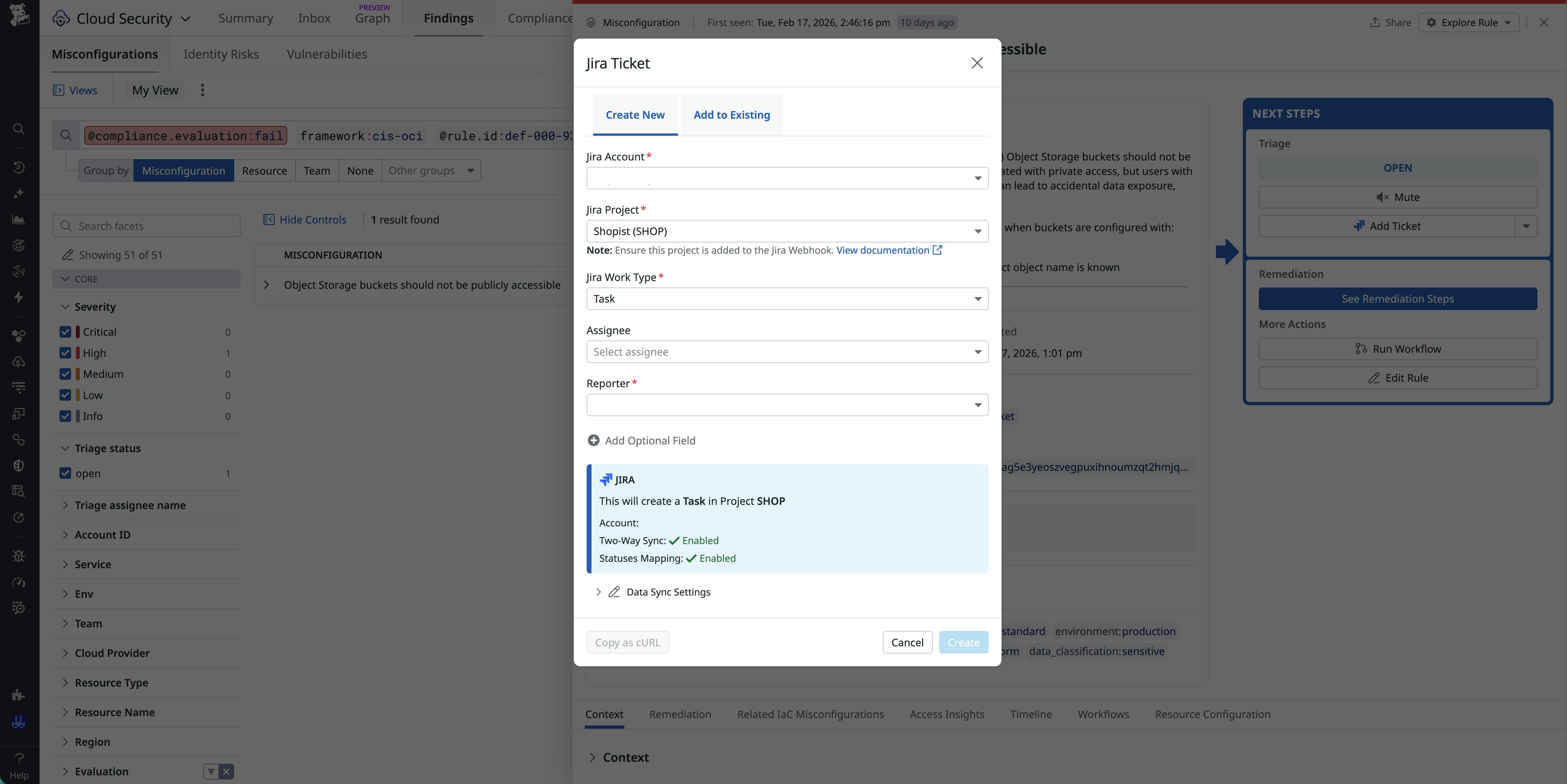 Screenshot of functionality to create a Jira ticket from a Datadog Cloud Security finding.