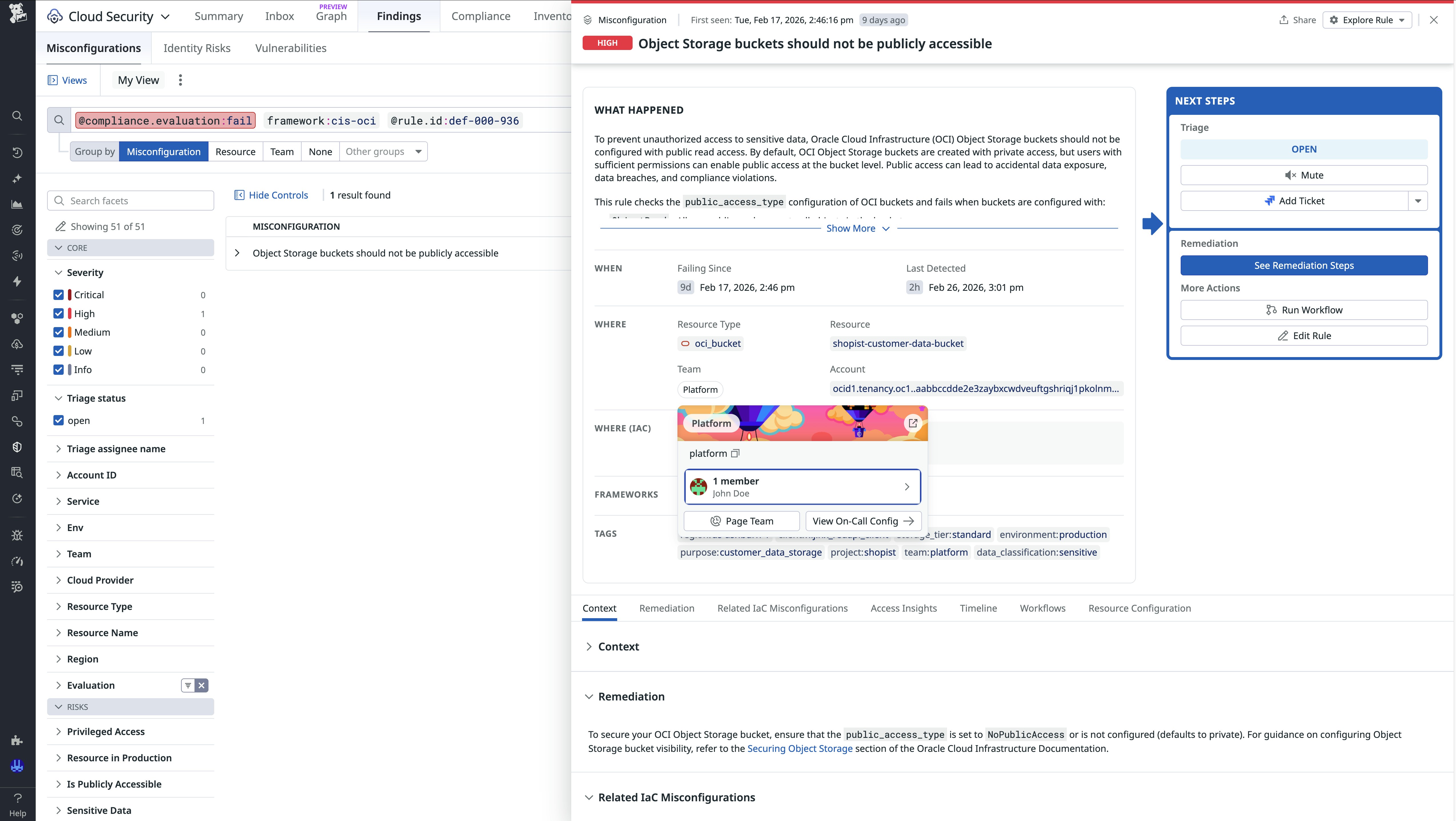 Screenshot of a high-severity finding for an OCI storage bucket that is publicly accessible. Screenshot of a high-severity finding for an OCI storage bucket that is publicly accessible.