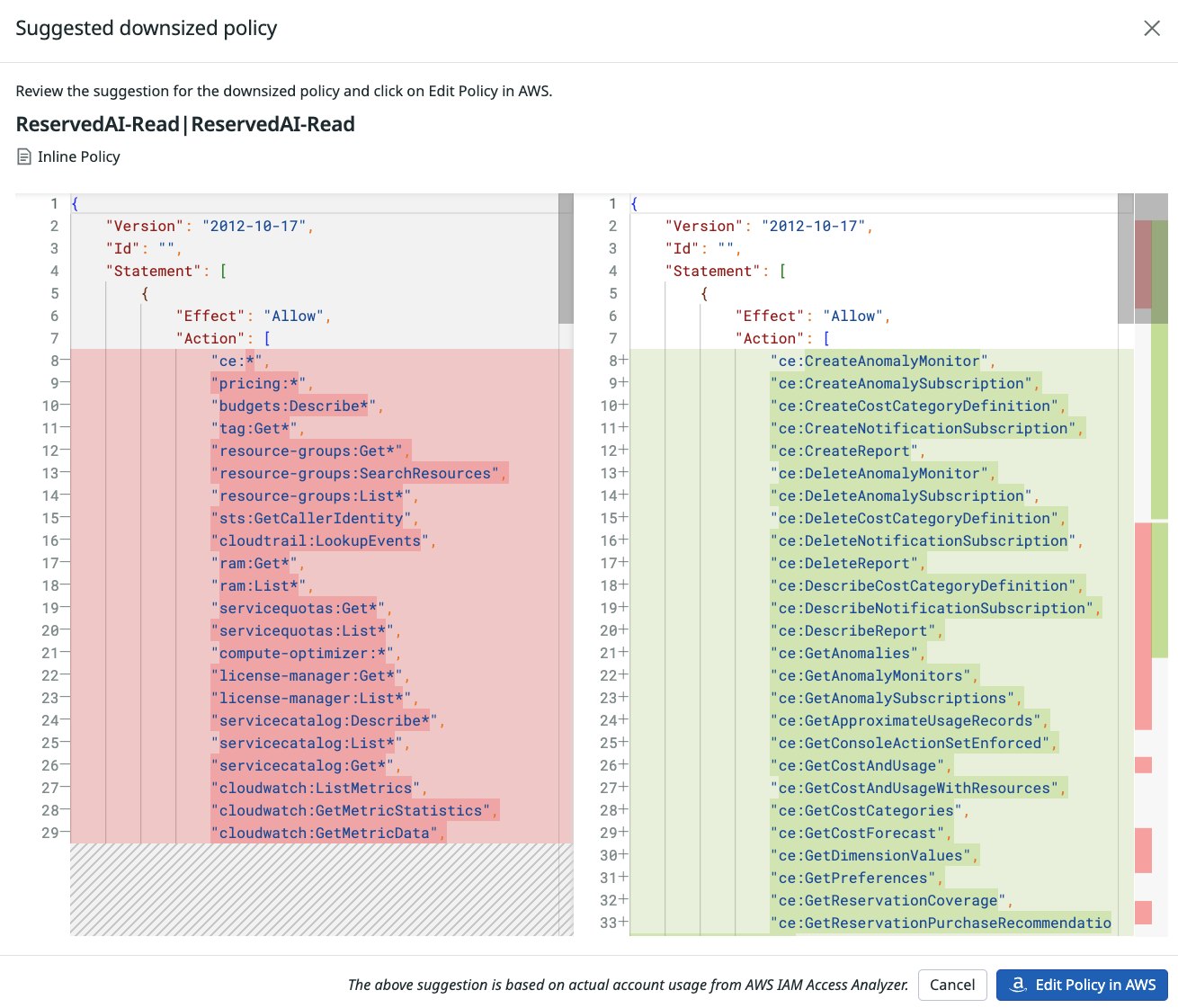 Suggested downsized policy in Datadog Cloud Security Suggested downsized policy in Datadog Cloud Security