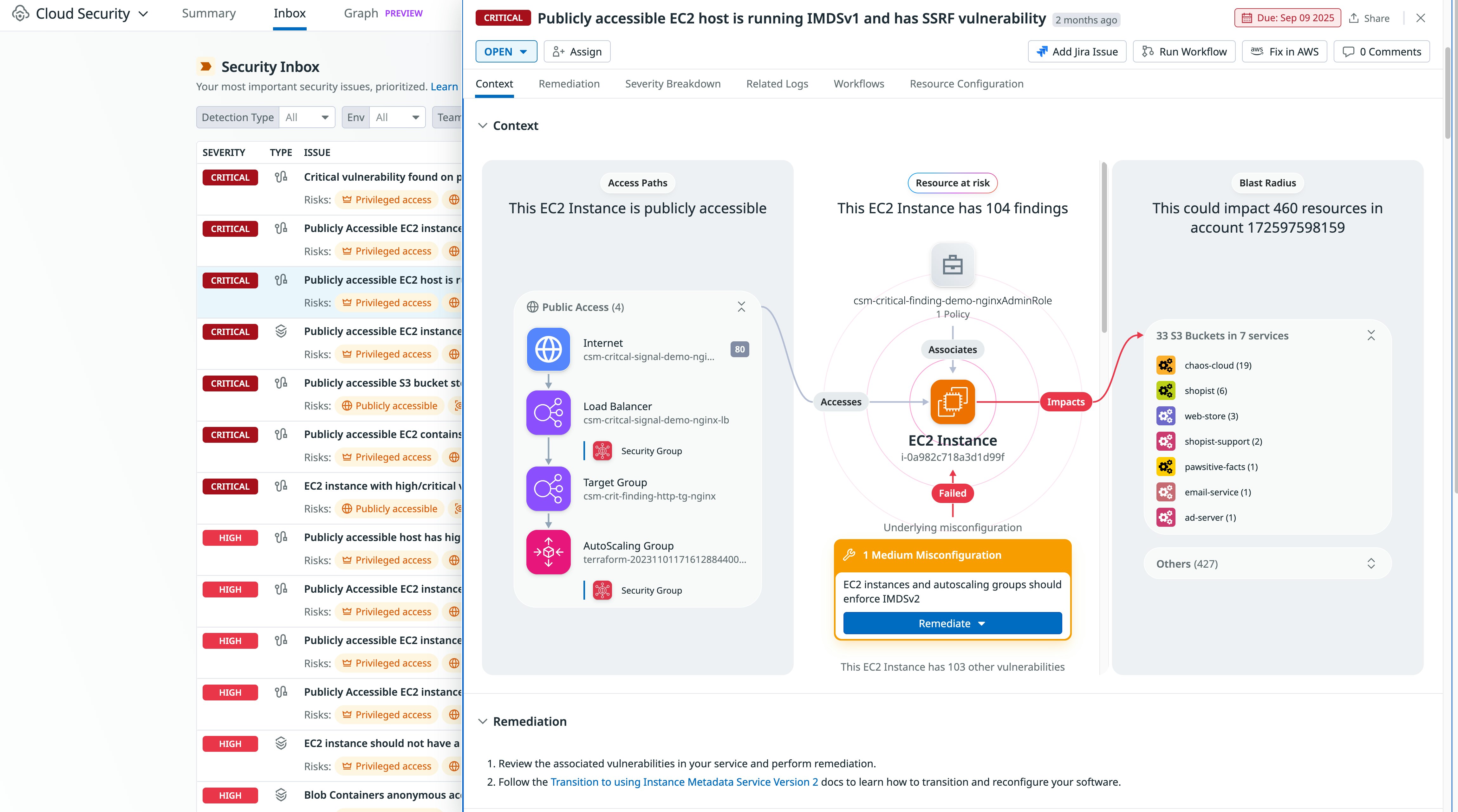 This screenshot shows the Cloud Security inbox view with a look at a specific detection rule for an EC2 host using the outdated IMDSv1. This screenshot shows the Cloud Security inbox view with a look at a specific detection rule for an EC2 host using the outdated IMDSv1.