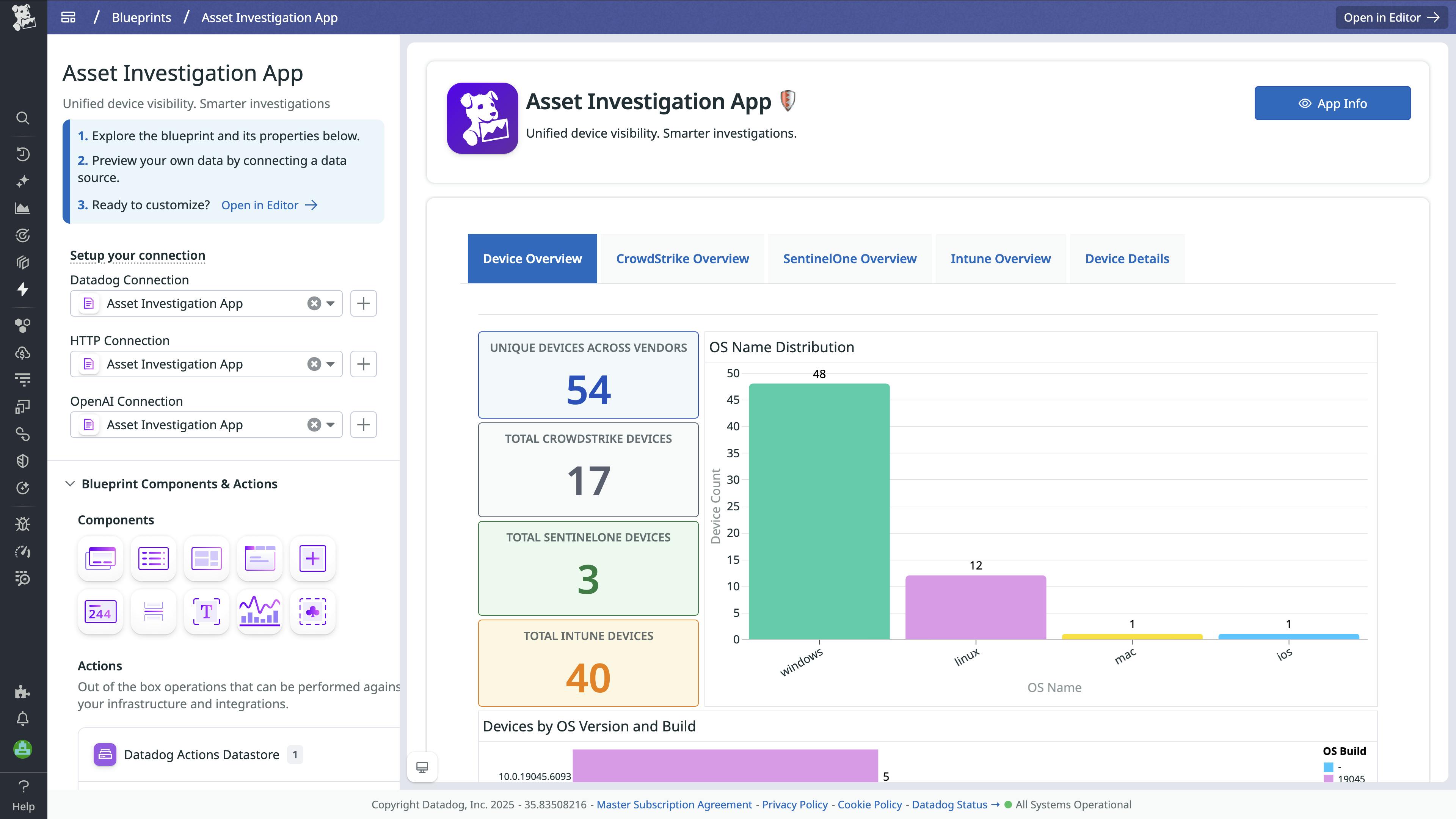 Screenshot of the Asset Investigation App homescreen showing different connected devices on the Device Overview tab.