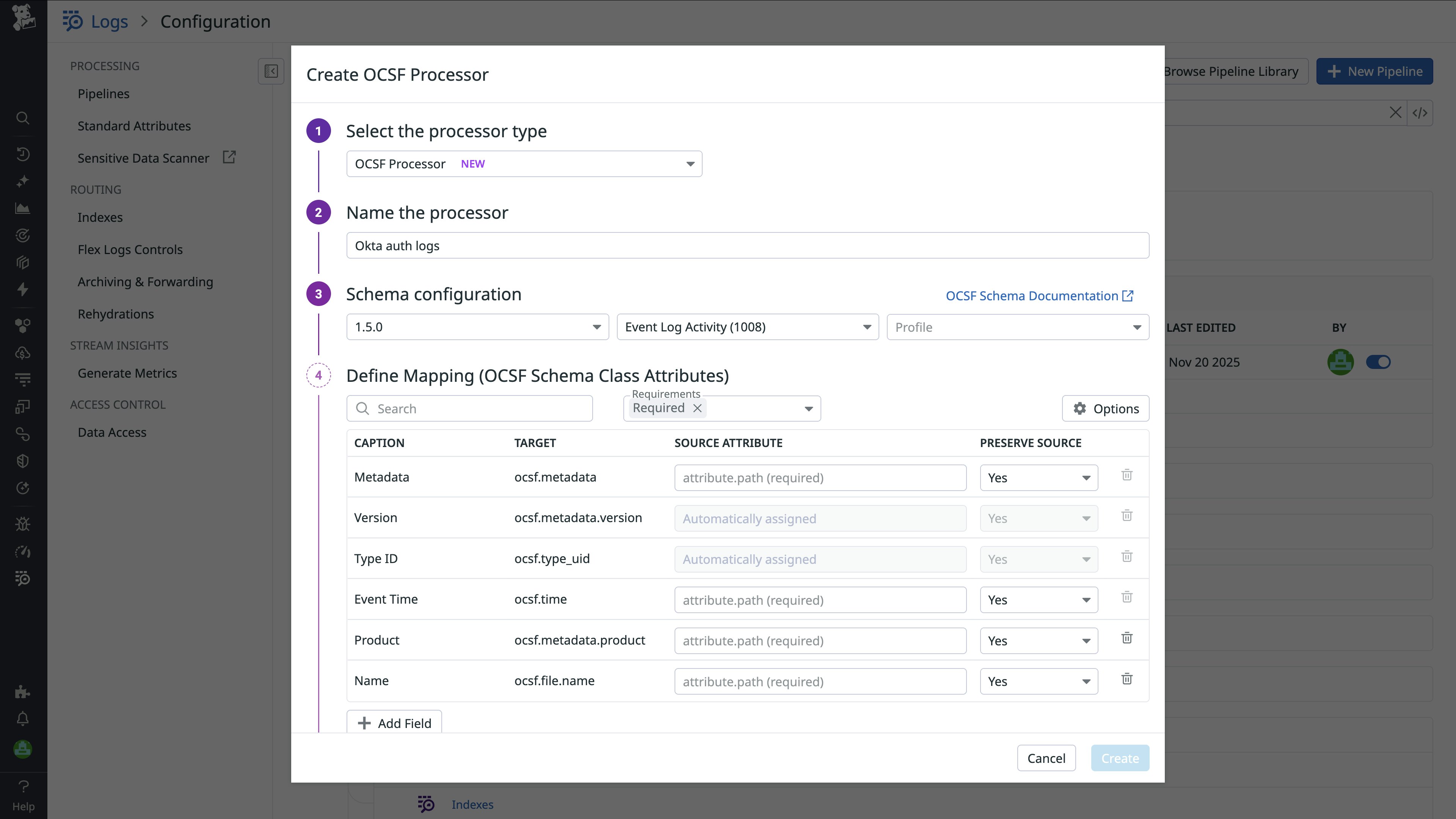Screenshot showing how to create and configure an OCSF processor Screenshot showing how to create and configure an OCSF processor