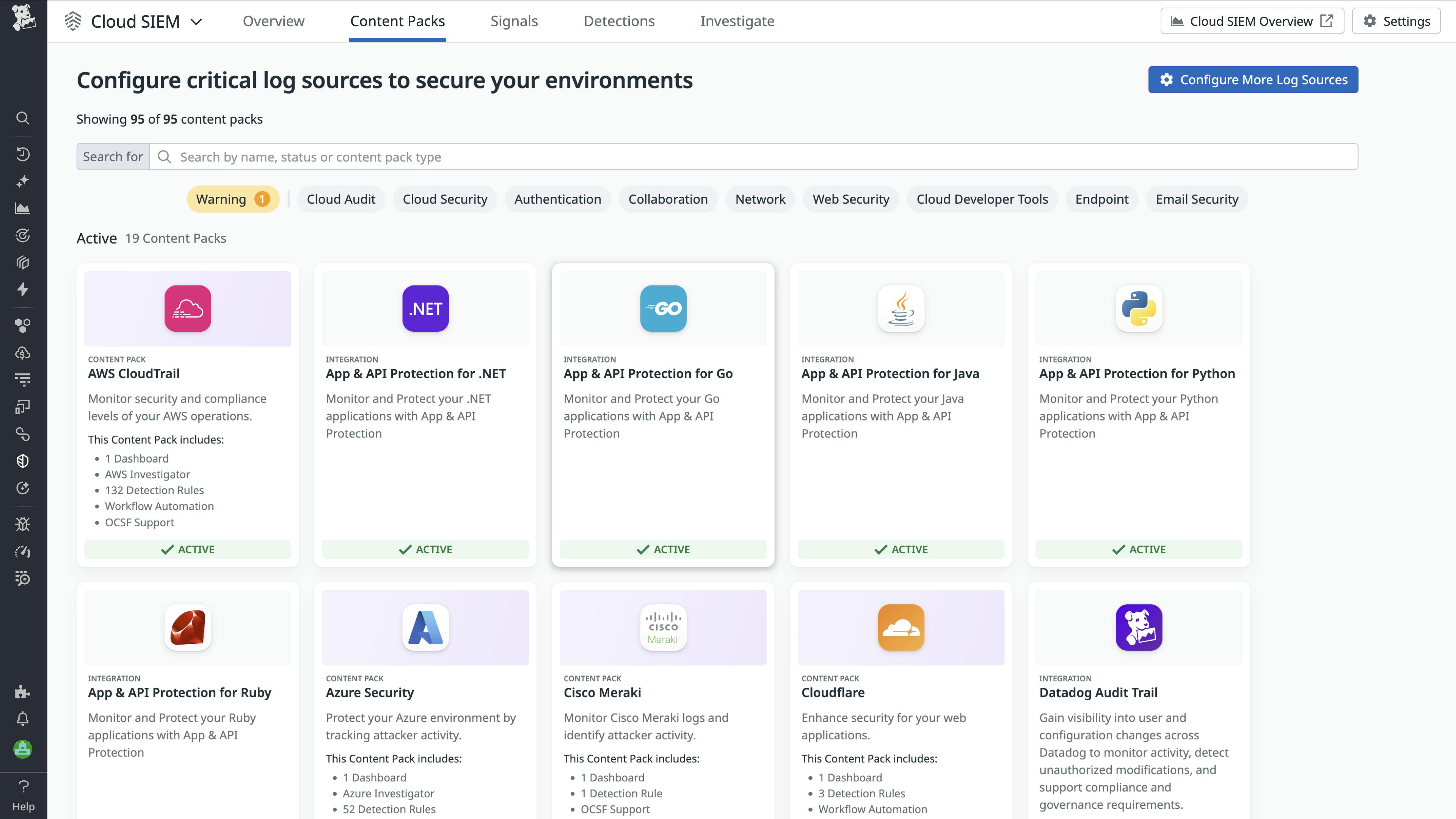Screenshot of the Content Pack library showing the available Packs in Cloud SIEM.