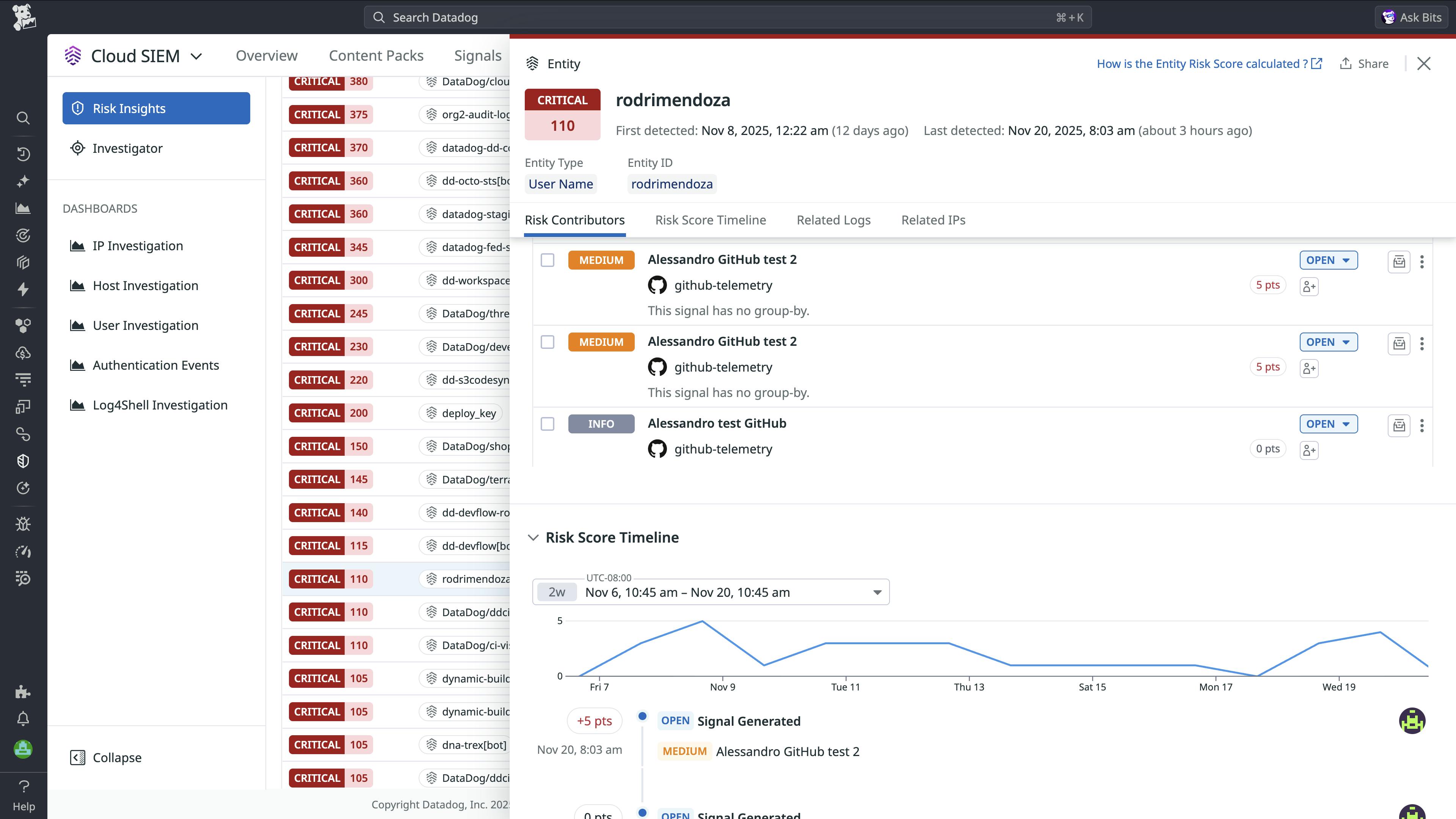 Screenshot of a specific Risk Insight in Cloud SIEM that shows its risk assessment and other information.