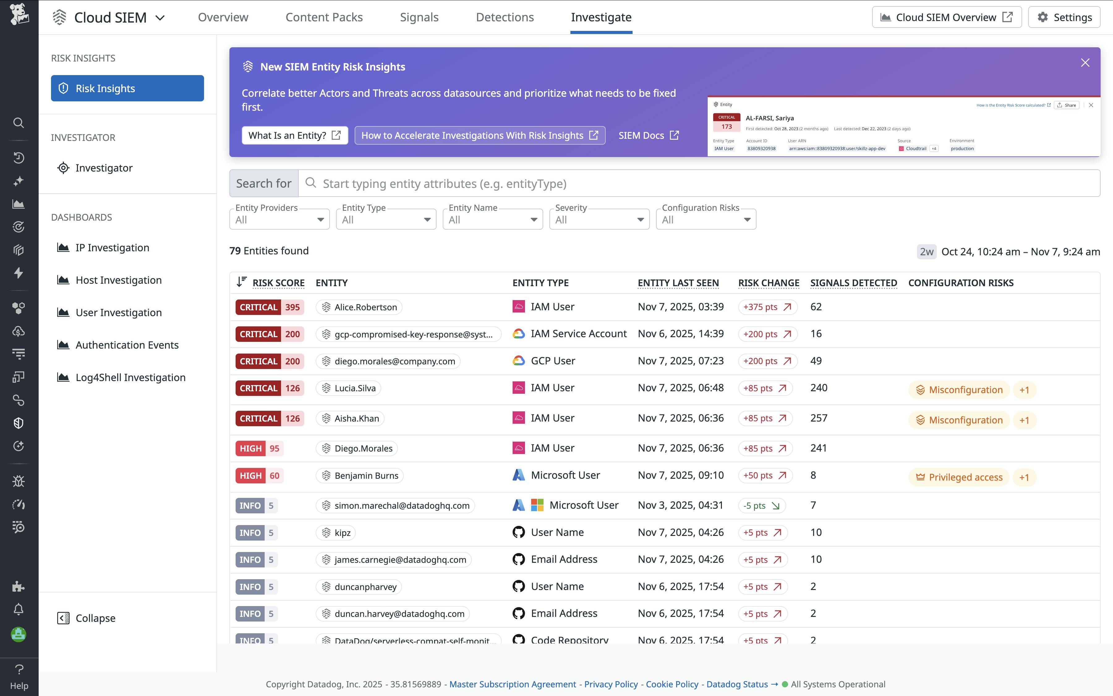 Screenshot of the Risk Insights dashboard in Cloud SIEM that lists security threats to investigate.