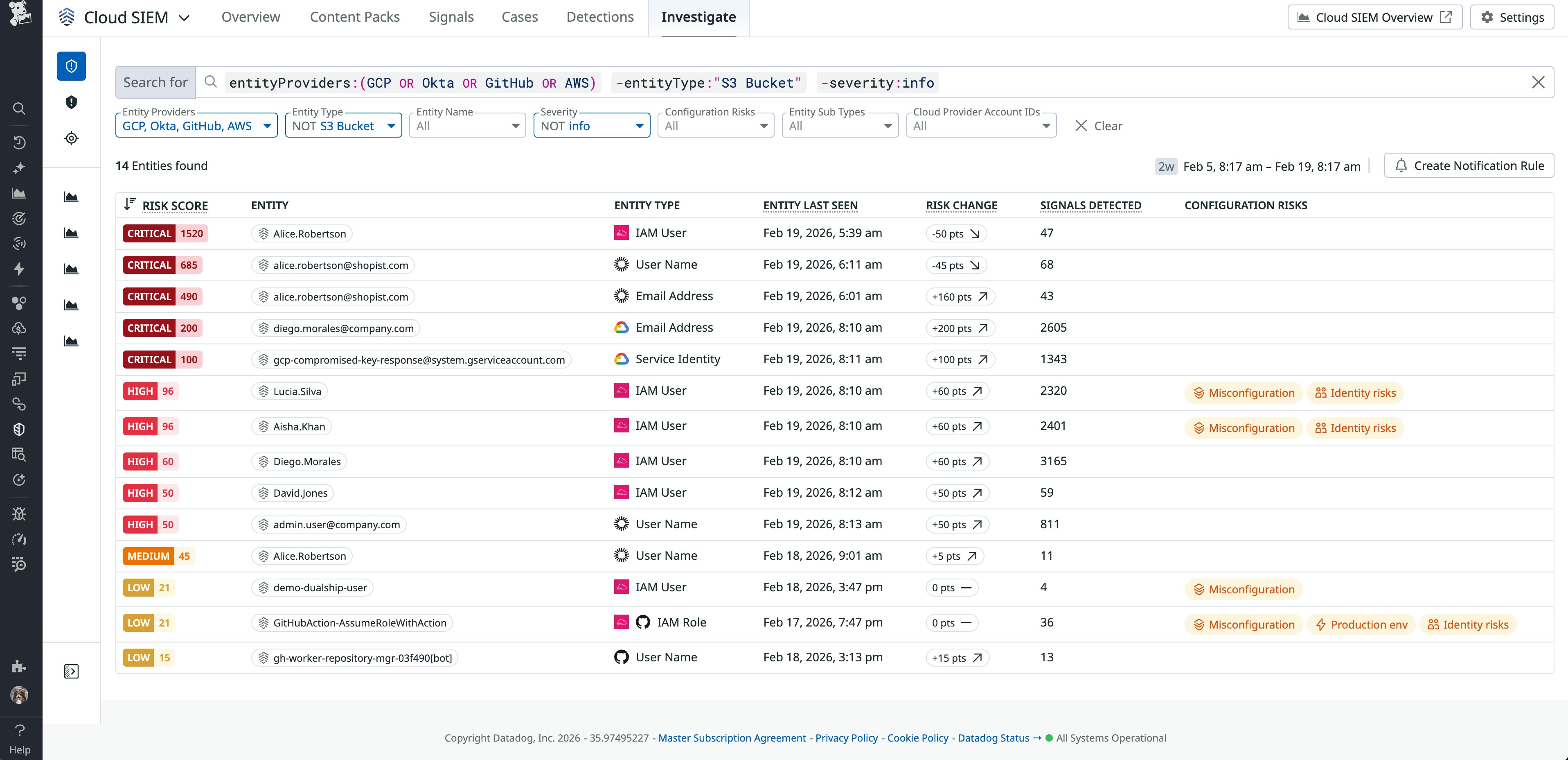 Screenshot of the Risk Insights dashboard in Cloud SIEM that lists security threats to investigate. Screenshot of the Risk Insights dashboard in Cloud SIEM that lists security threats to investigate.