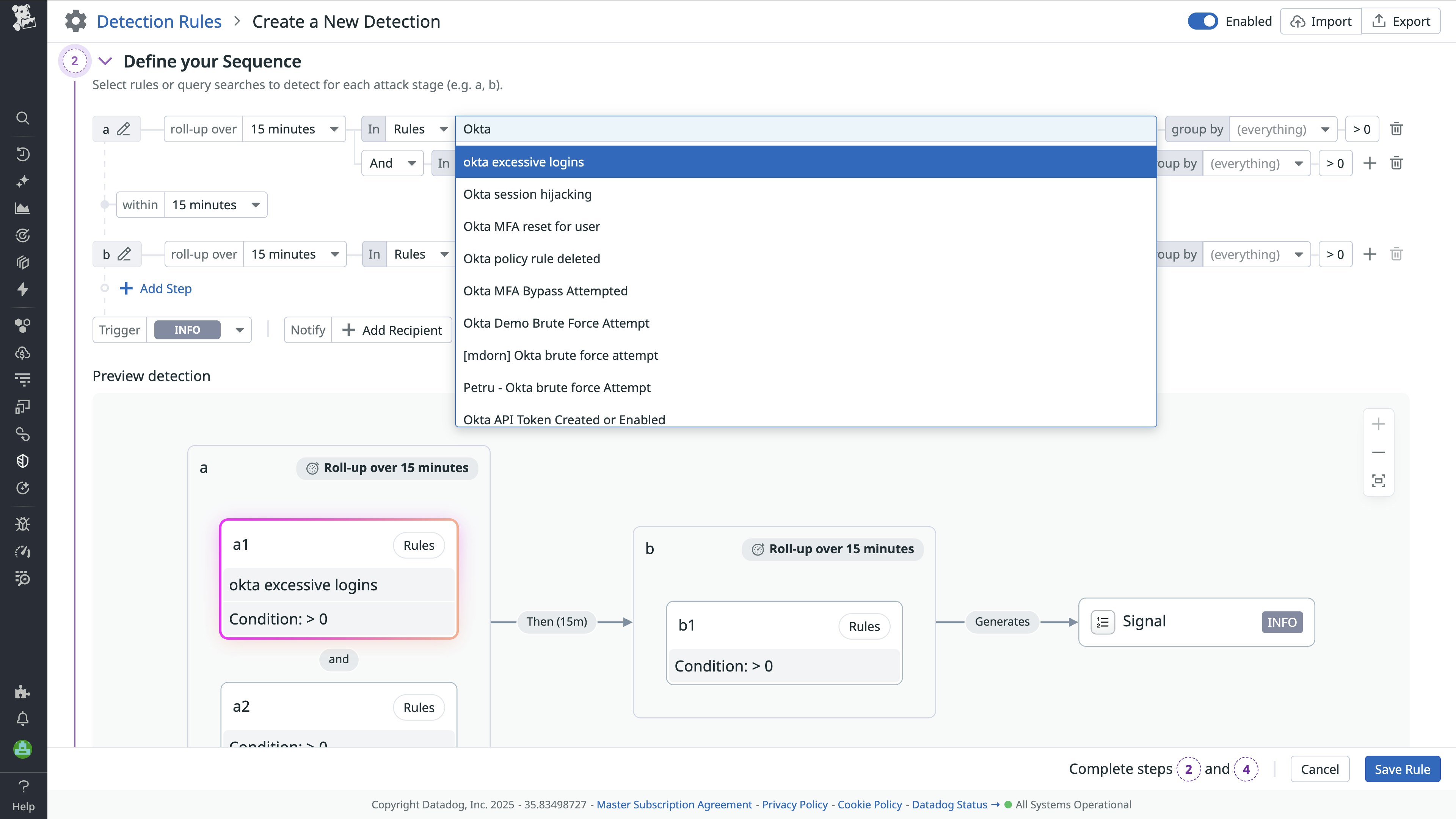 Screenshot showing how to set and define Sequence Detections for Okta. Screenshot showing how to set and define Sequence Detections for Okta.