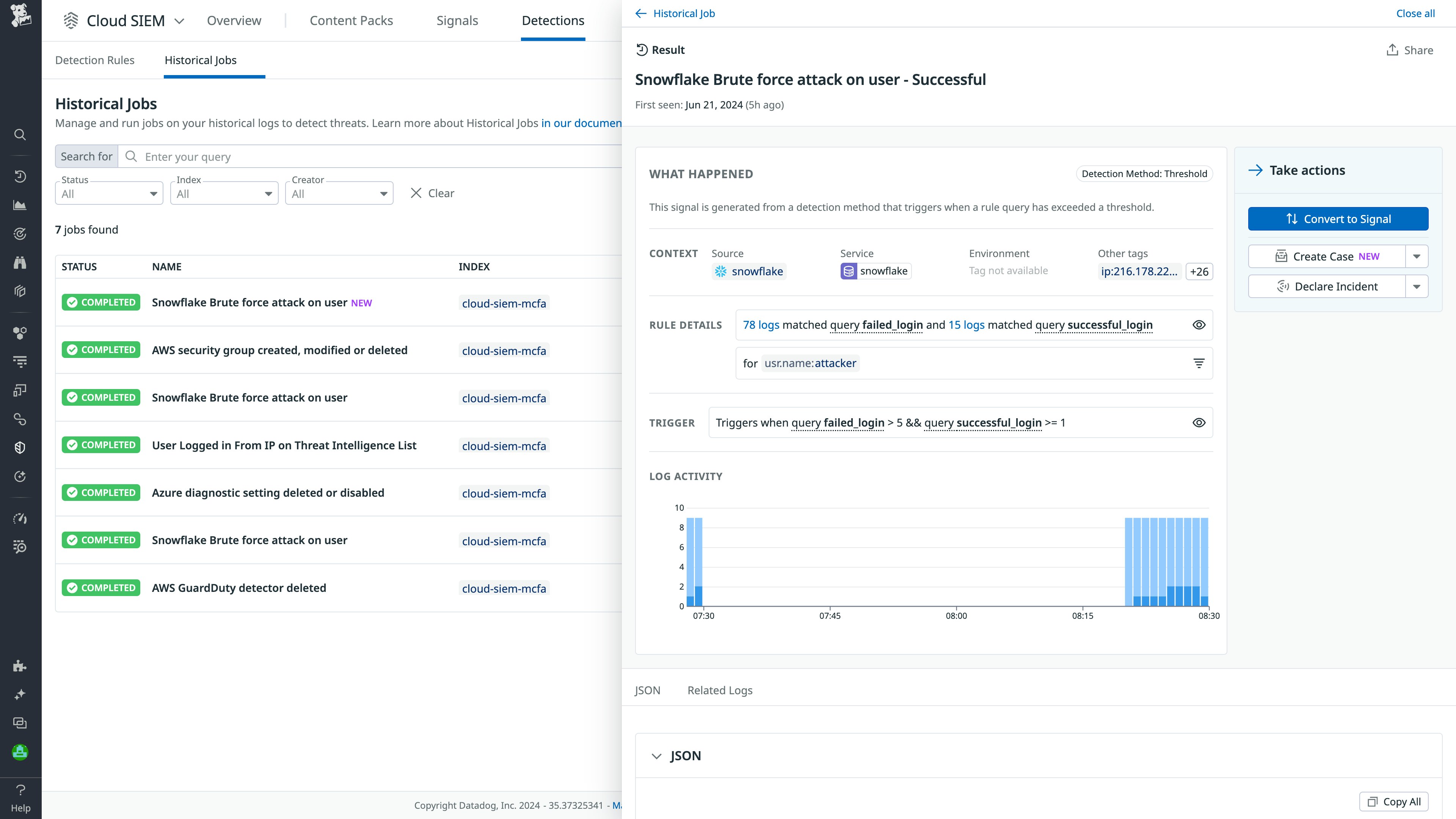 Datadog Cloud SIEM Historical Jobs result Datadog Cloud SIEM Historical Jobs result