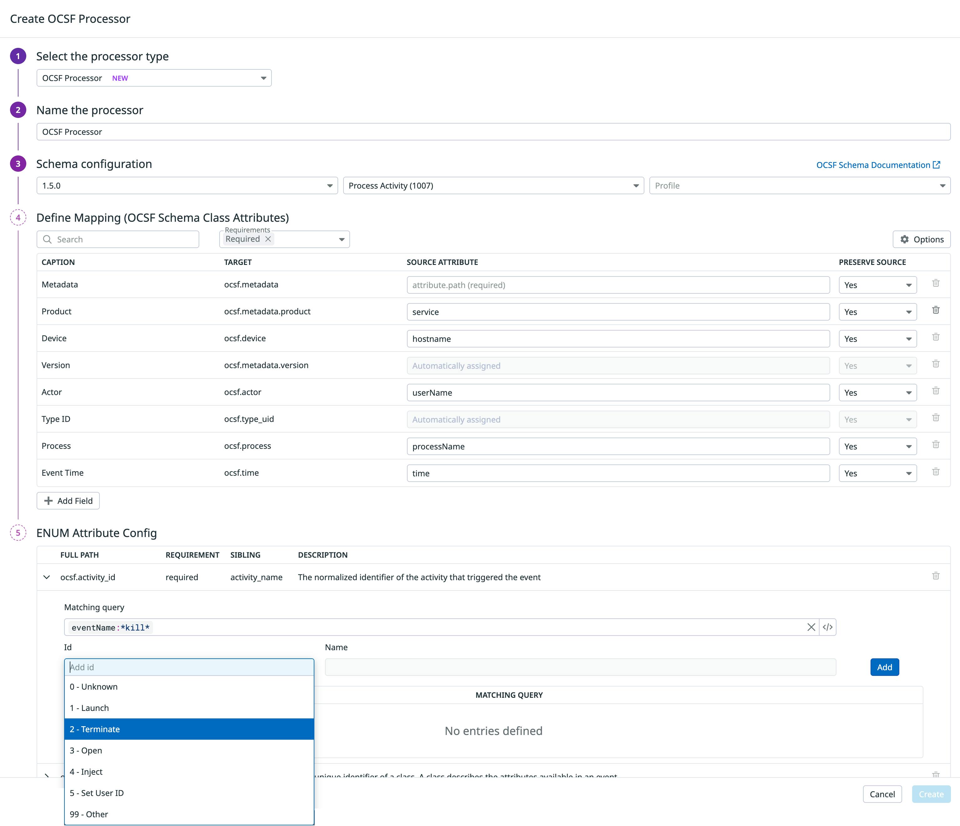 Creating an OCSF processor with specified attribute mappings.