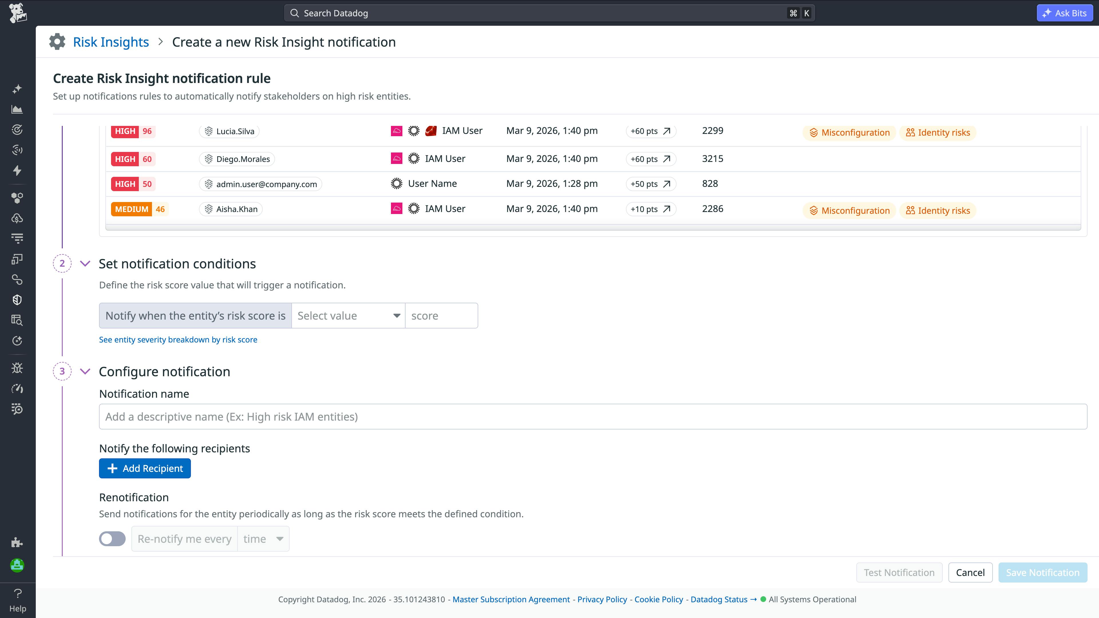 Configuration page for Risk Insights Notifications