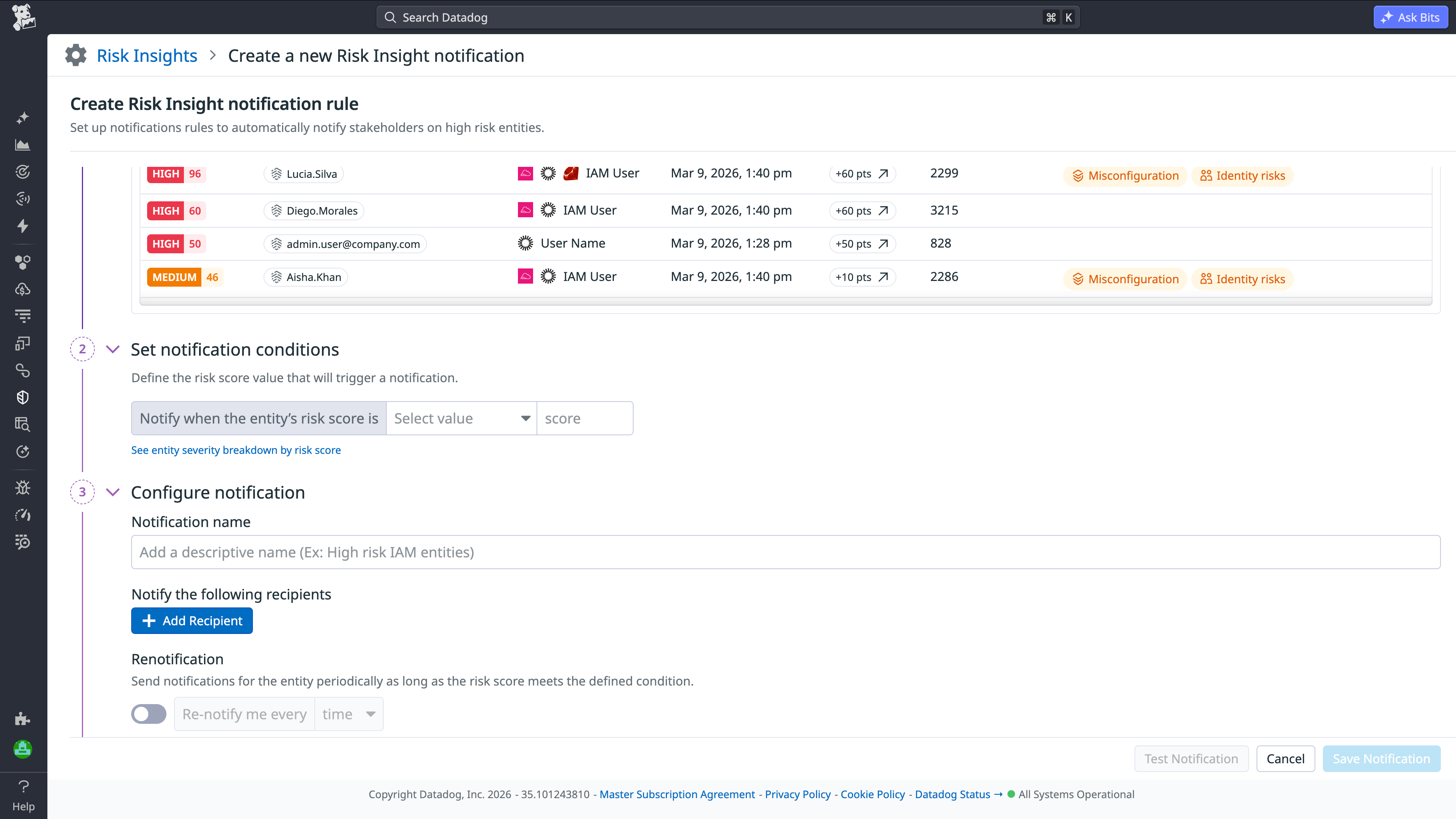 Configuration page for Risk Insights Notifications Configuration page for Risk Insights Notifications