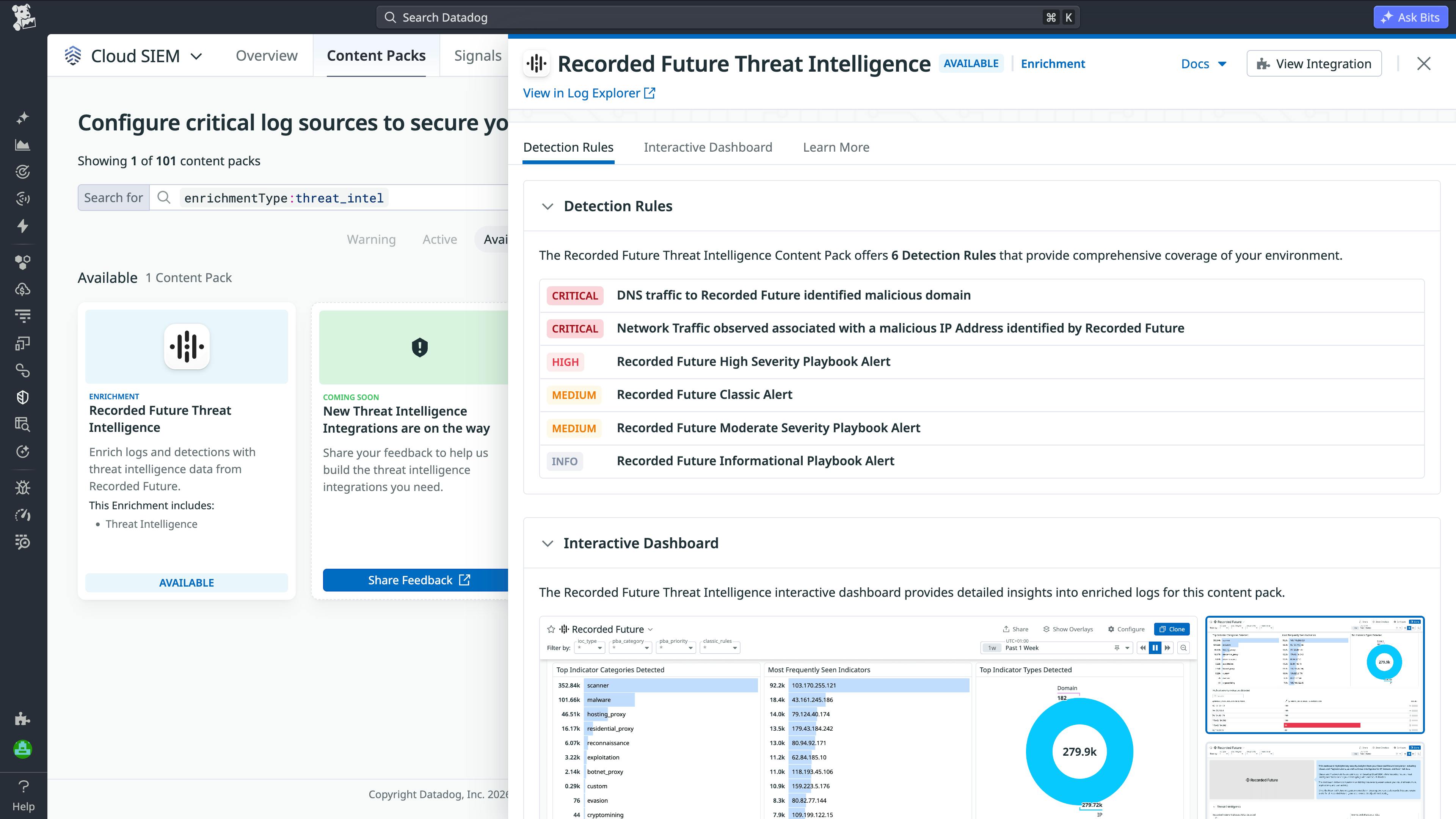 Recorded Future content pack panel showing available detection rules