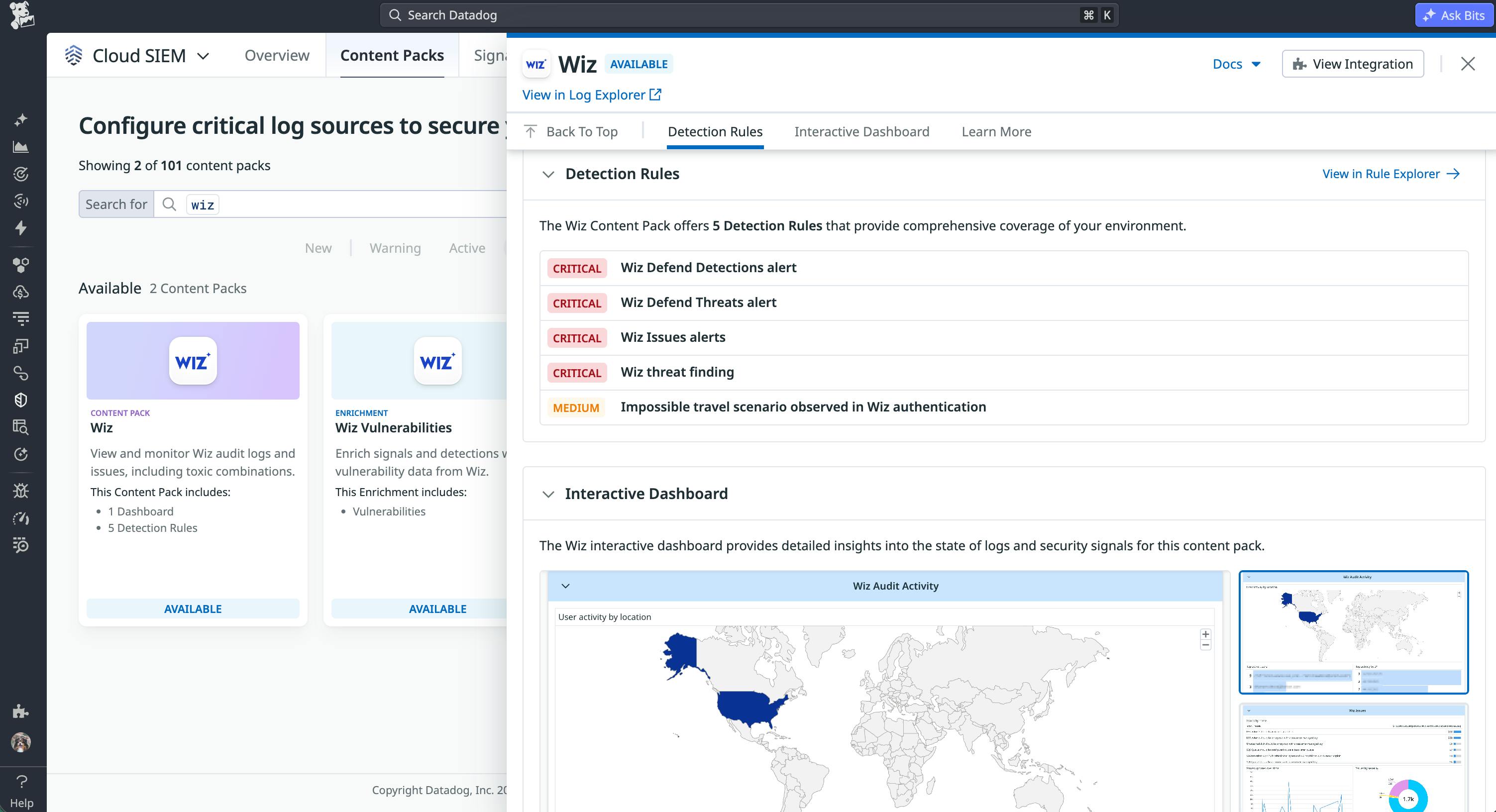 Wix Content Pack side panel showing available detection rules and an interactive dashboard