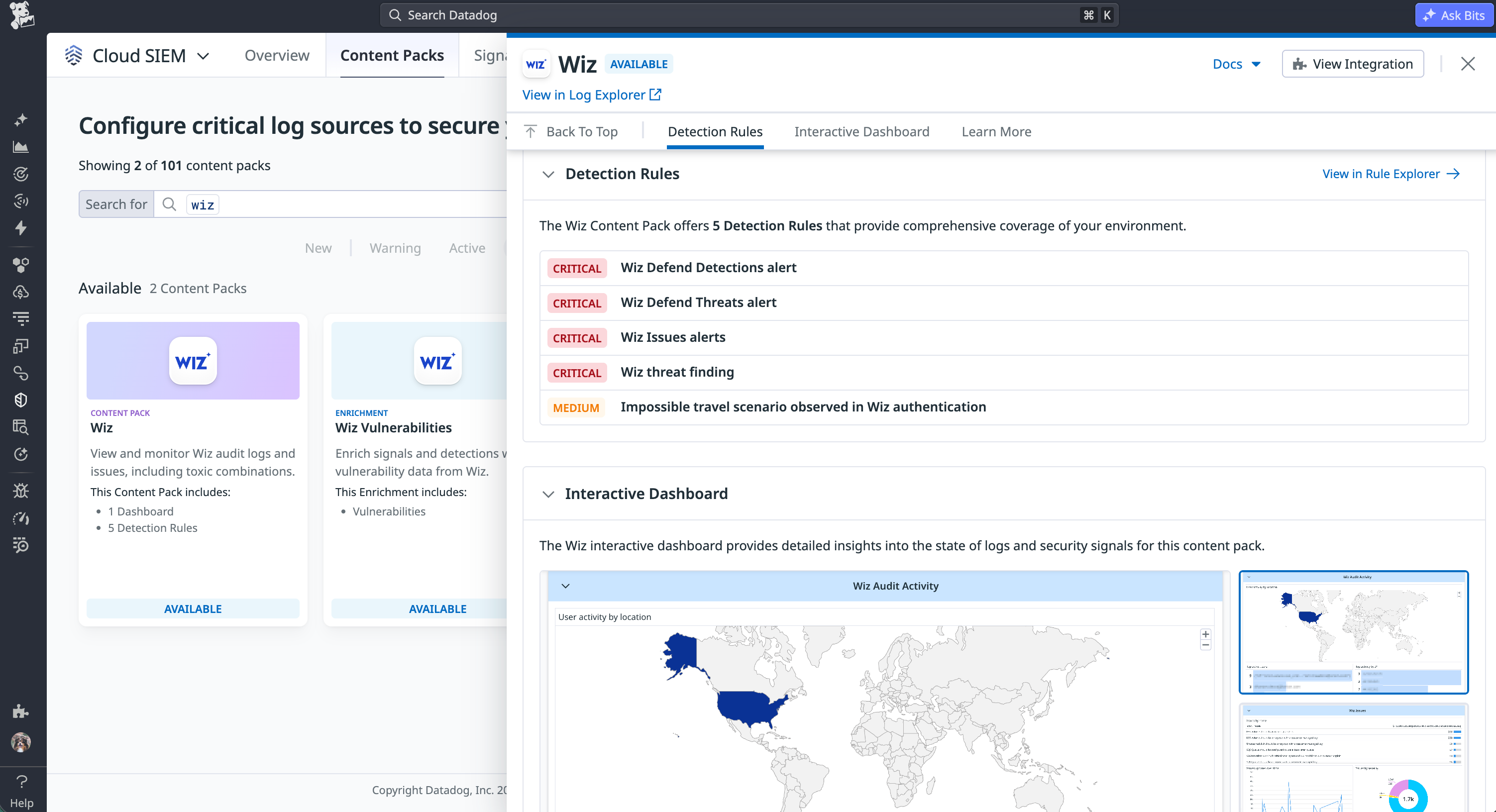 Wix Content Pack side panel showing available detection rules and an interactive dashboard Wix Content Pack side panel showing available detection rules and an interactive dashboard