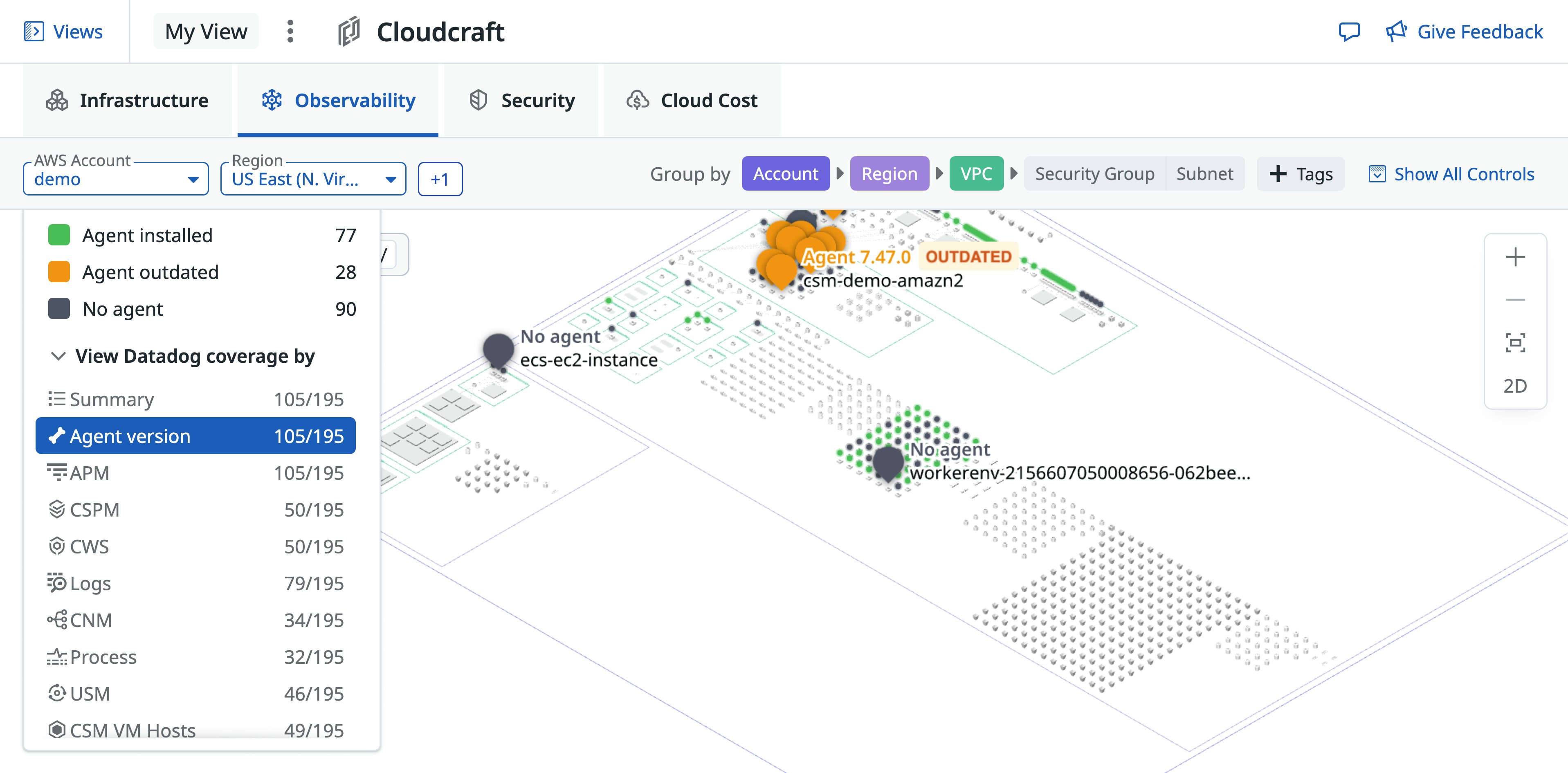 Cloudcraft Observability overlay showing agent coverage across AWS hosts, with pins marking installed, outdated, and missing Datadog Agents. Cloudcraft Observability overlay showing agent coverage across AWS hosts, with pins marking installed, outdated, and missing Datadog Agents.