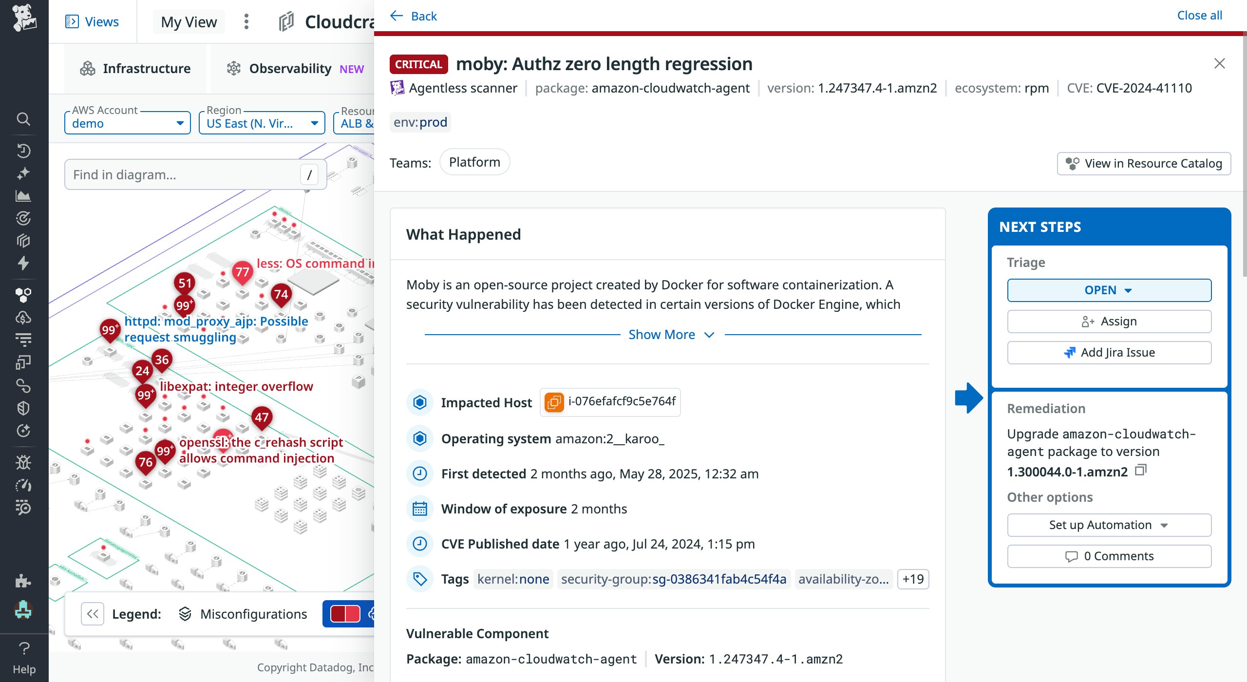 Vulnerability findings in Cloudcraft with detailed sidepanel of critical vulnerability Vulnerability findings in Cloudcraft with detailed sidepanel of critical vulnerability