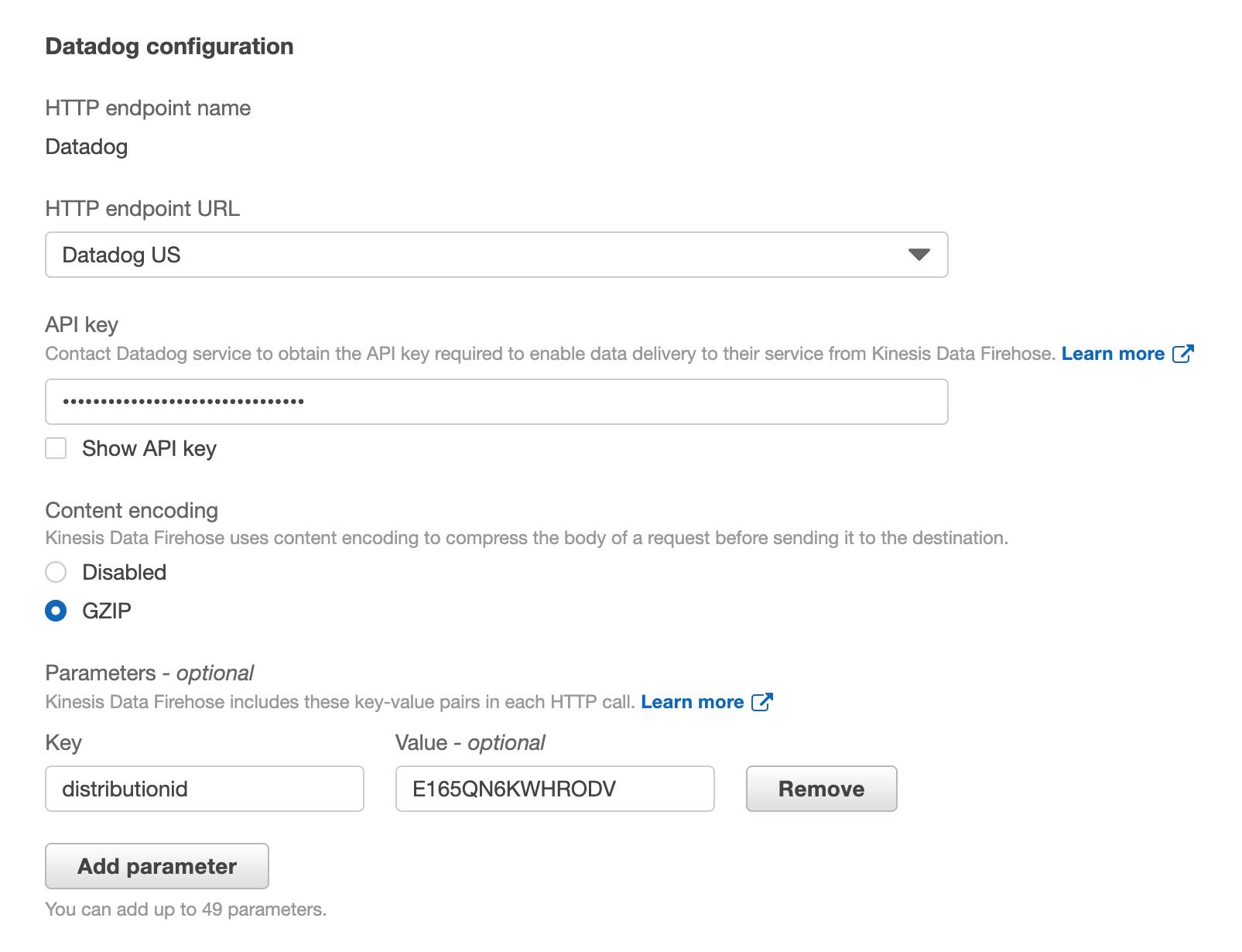 Part of the Kinesis delivery stream web page shows a form field for a parameter key and an optional form field for its value.