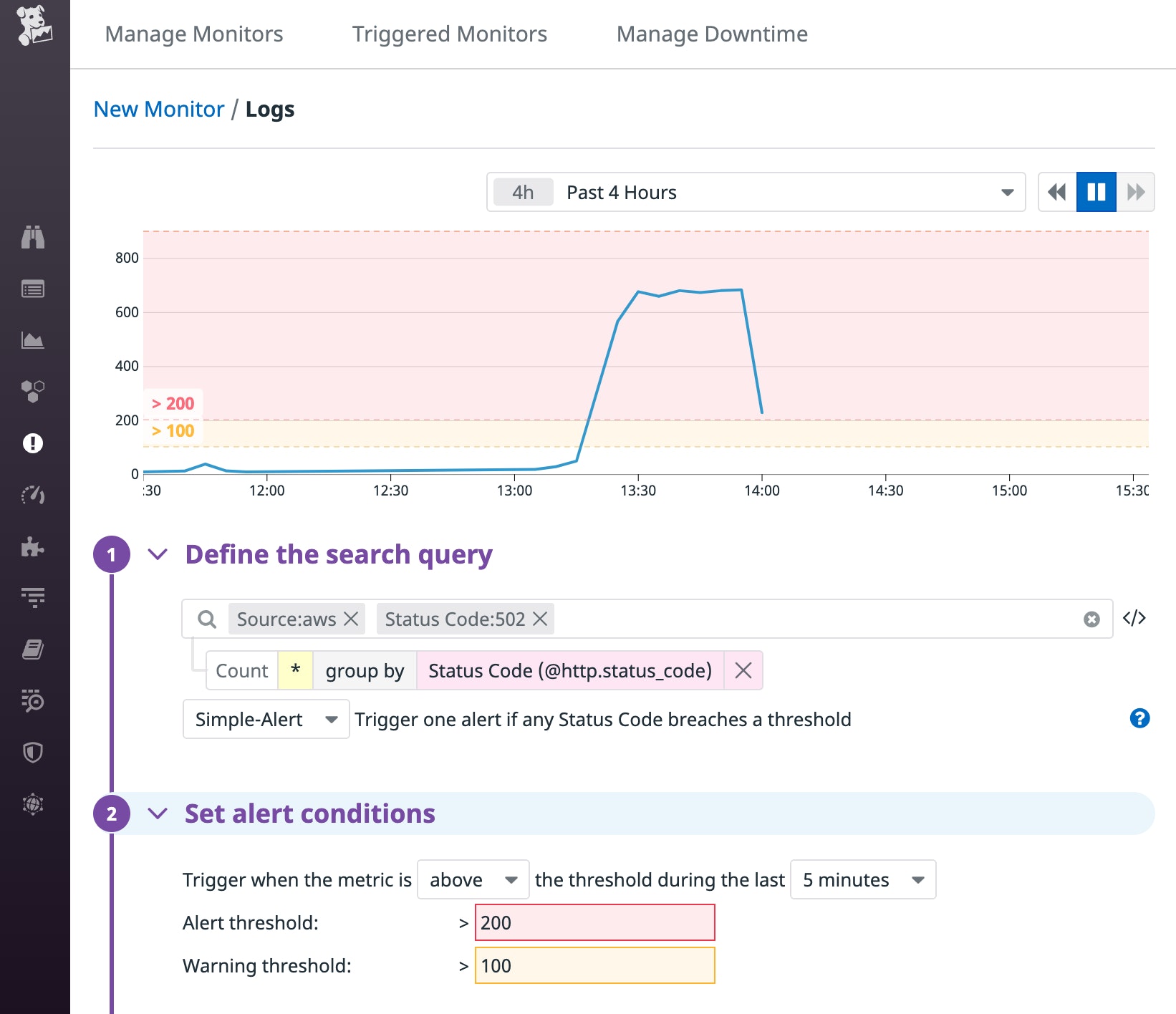 A screenshot shows the page you use to create a new log monitor. This monitor watches the rate of 502 errors in logs whose source value is AWS, and alerts if the rate surpasses 200 over five minutes. A screenshot shows the page you use to create a new log monitor. This monitor watches the rate of 502 errors in logs whose source value is AWS, and alerts if the rate surpasses 200 over five minutes.