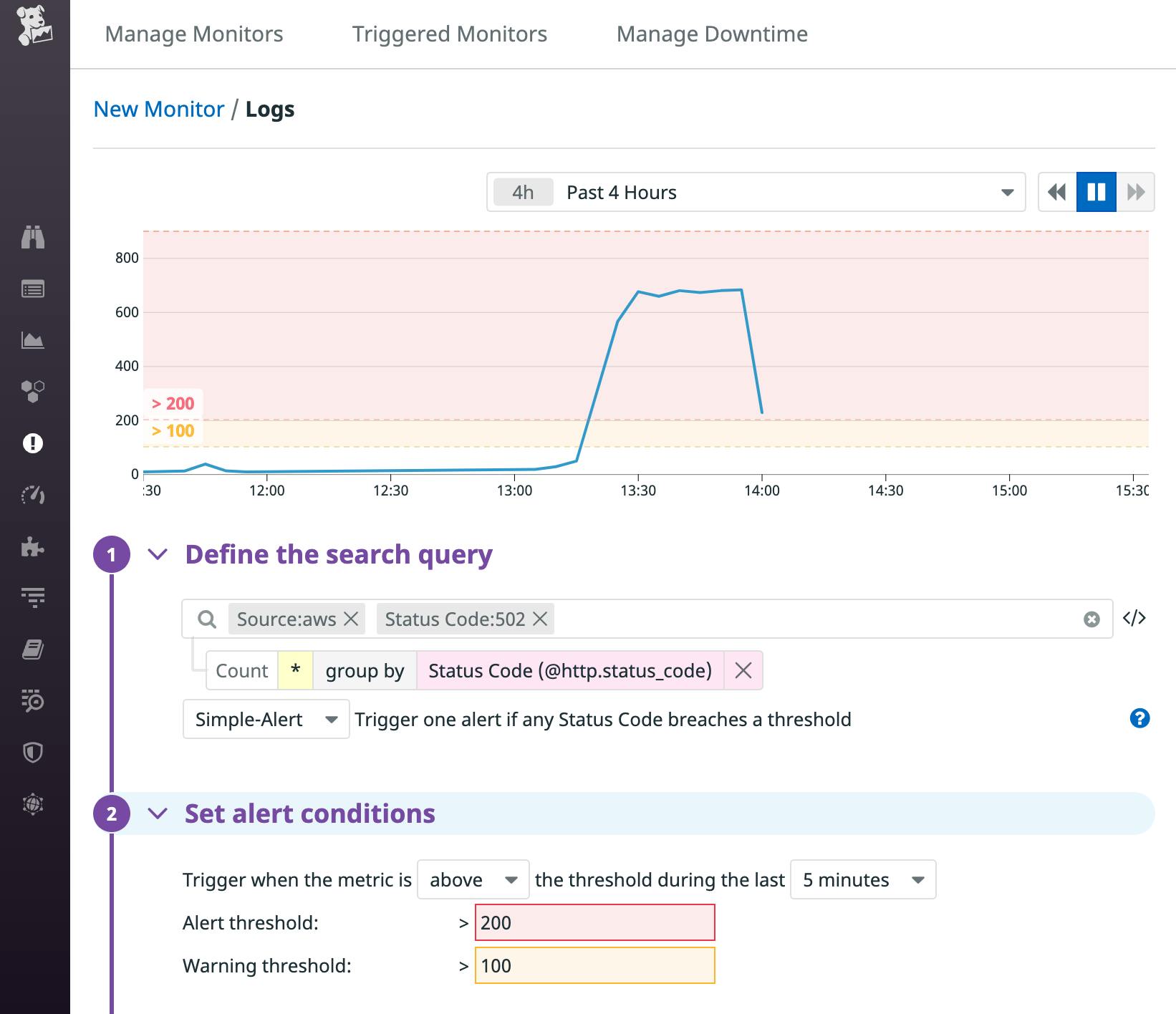 A screenshot shows the page you use to create a new log monitor. This monitor watches the rate of 502 errors in logs whose source value is AWS, and alerts if the rate surpasses 200 over five minutes.