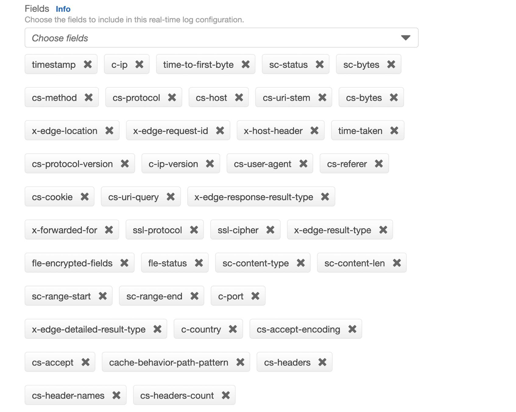 The default list of fields shows all 40 fields by default, each with an X you can click to remove it from the log.