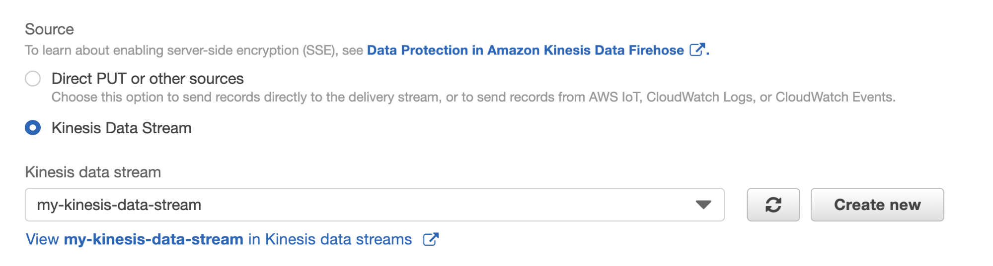 Part of the Kinesis delivery stream web page shows a control that specifies the Kinesis data stream to use as a data source. Part of the Kinesis delivery stream web page shows a control that specifies the Kinesis data stream to use as a data source.