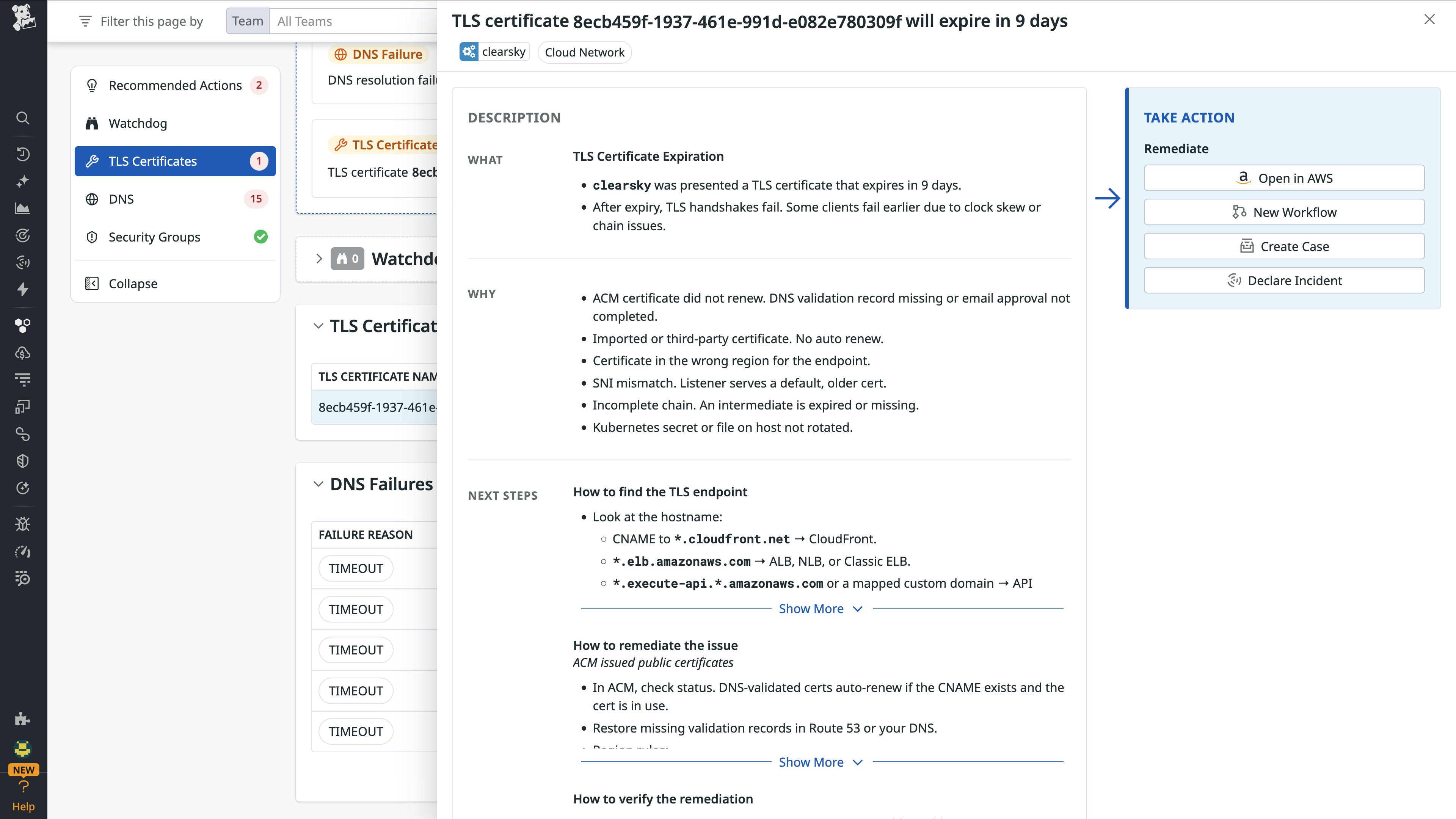 Network Health TLS certificate expiration issue details with remediation buttons.