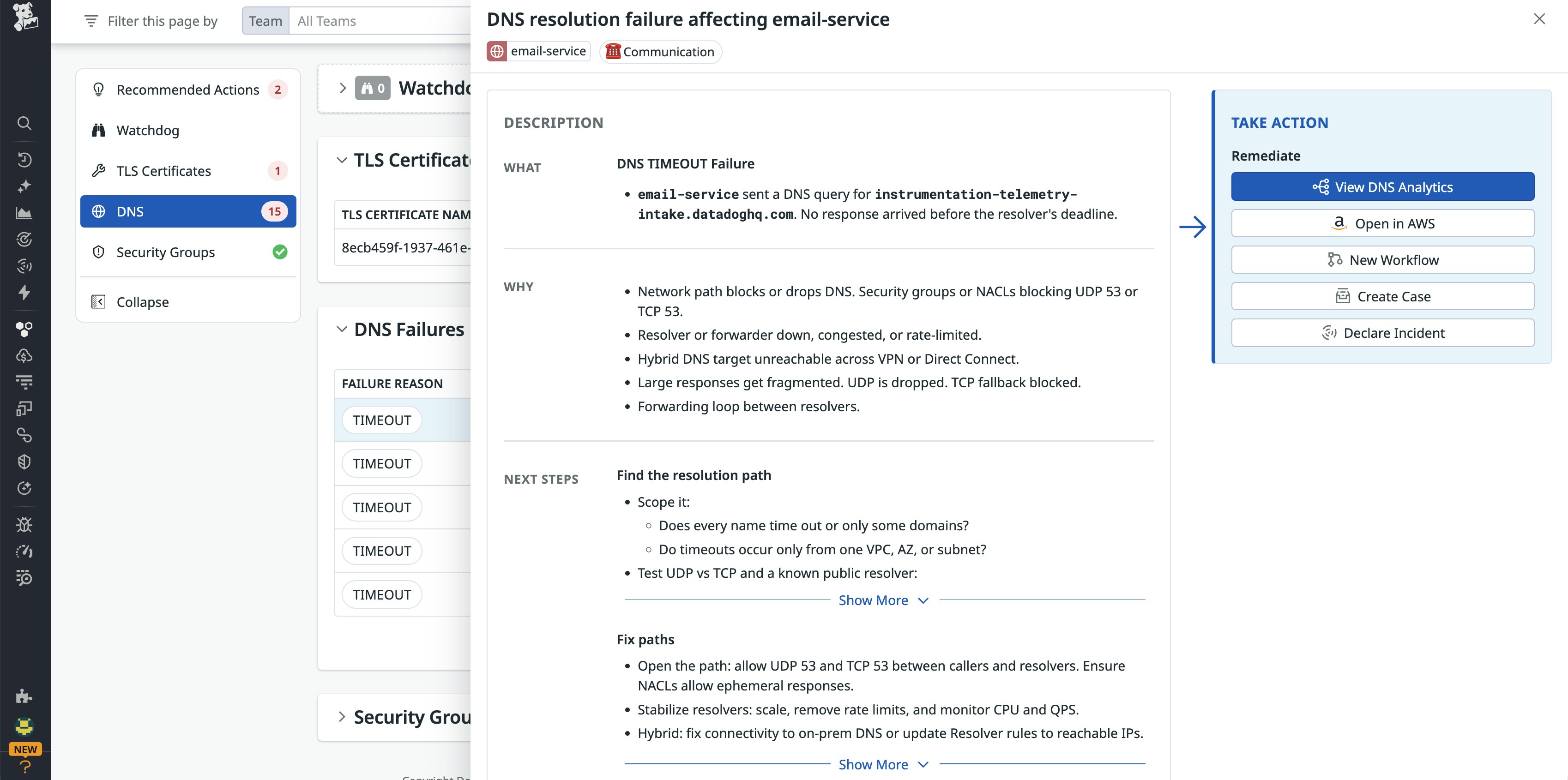Network Health DNS timeout issue details for email-service with guided remediation actions. Network Health DNS timeout issue details for email-service with guided remediation actions.