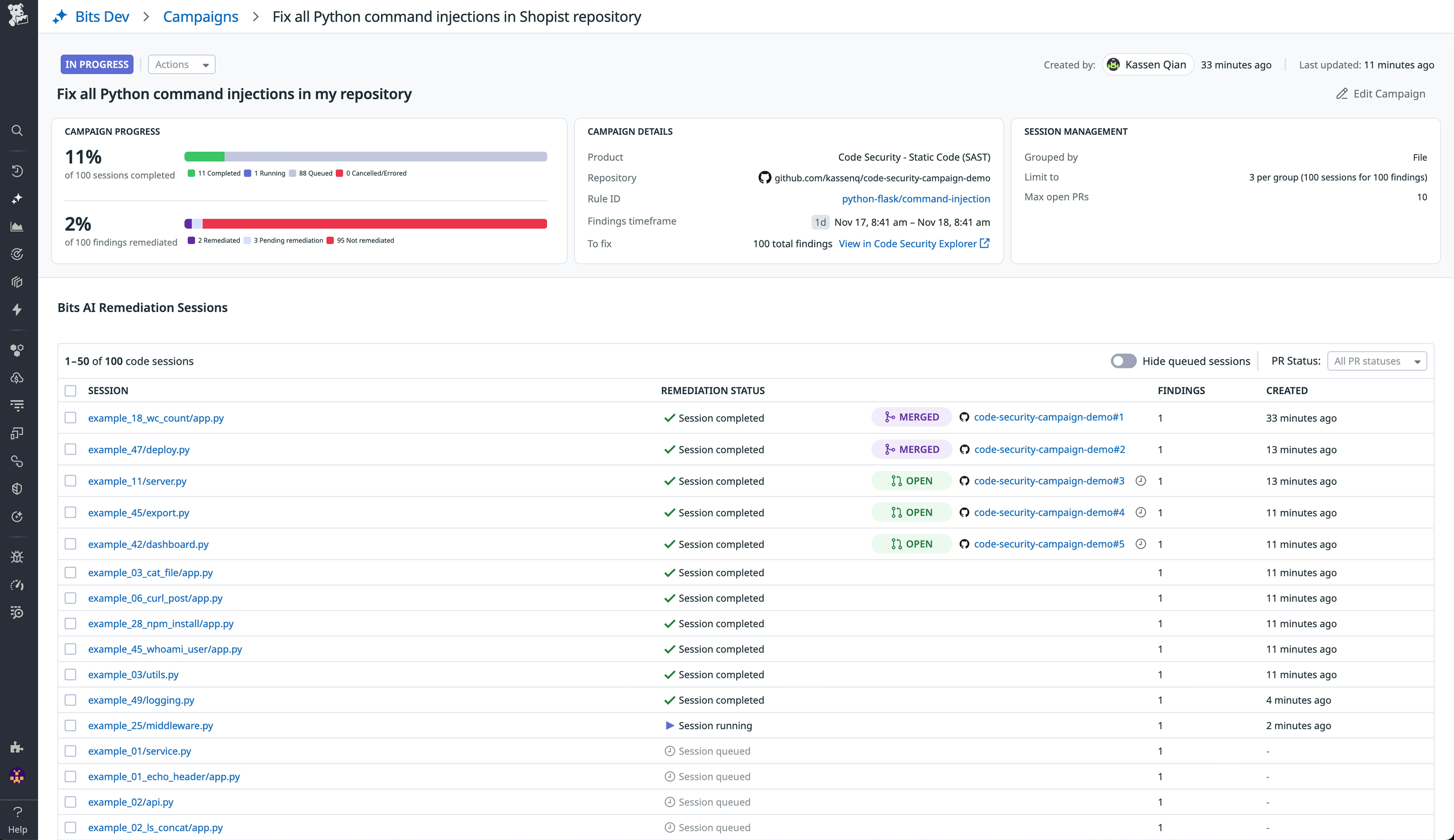 Screenshot of a remediation campaign that is in progress to fix Python command injections in a repository. Screenshot of a remediation campaign that is in progress to fix Python command injections in a repository.