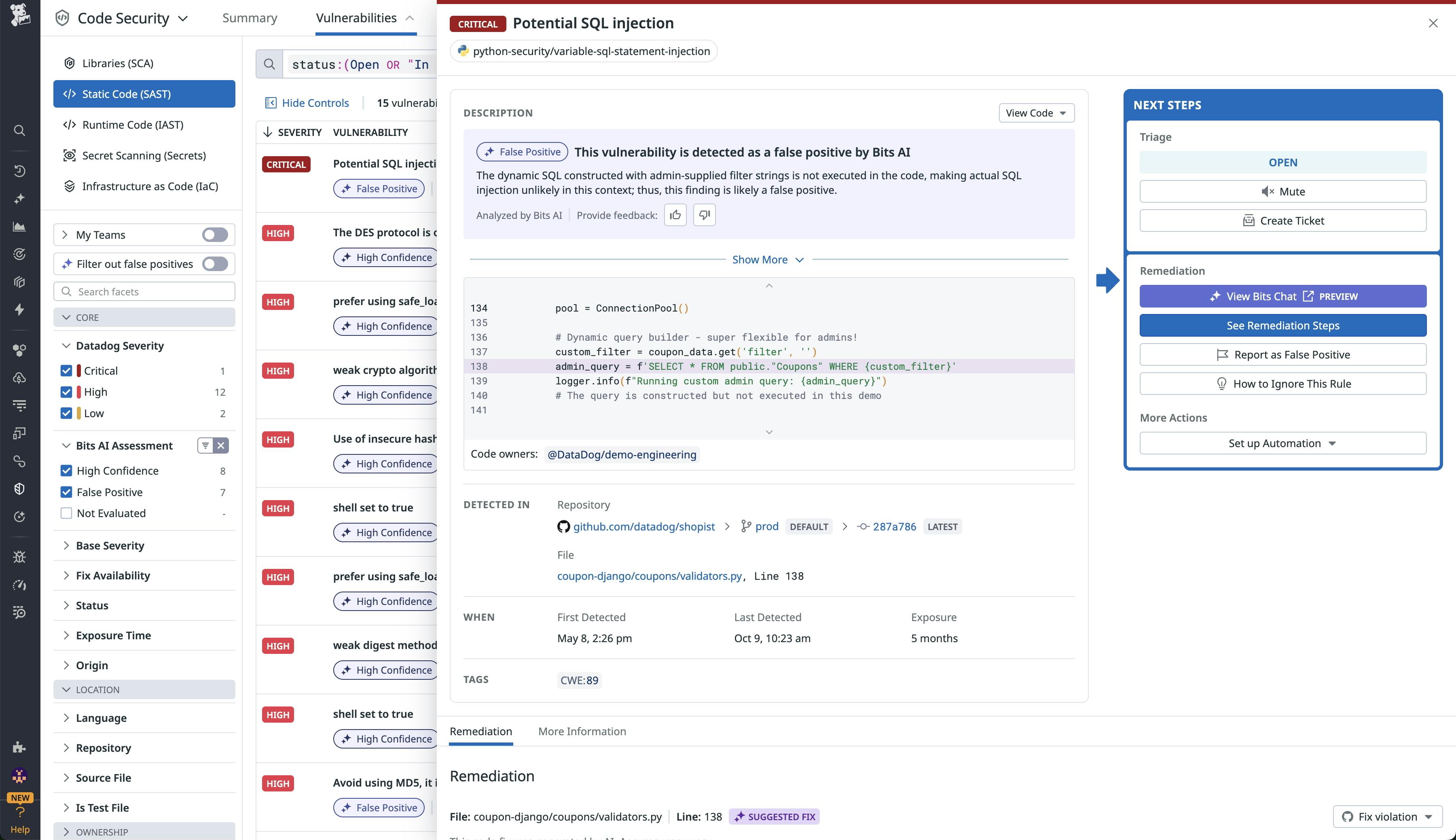 Screenshot of the Bits AI Assessment facet showing a likely False Positive result for a detected SQL injection vulnerability.