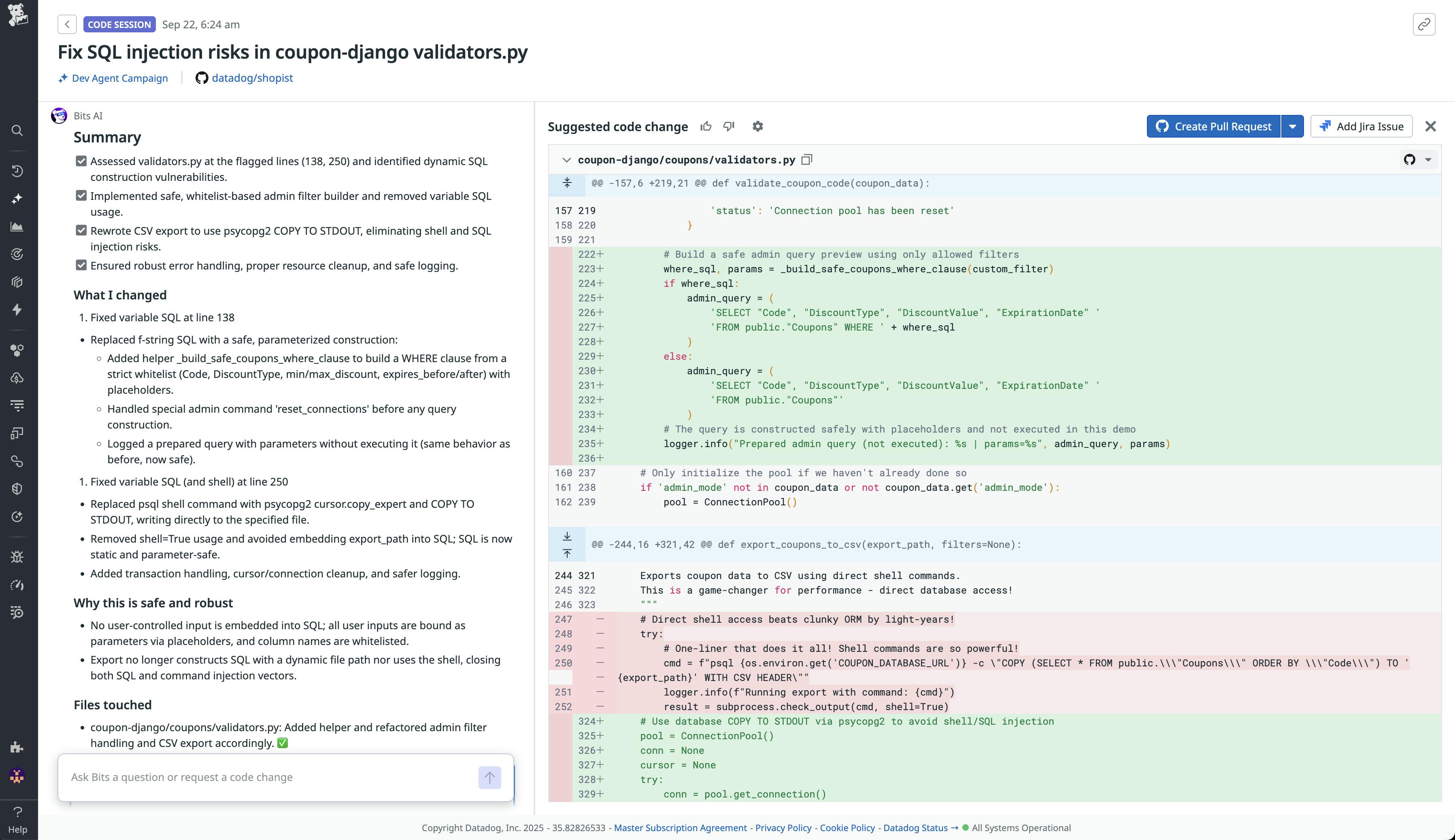 Screenshot of a Bits AI summary and suggested code change to eliminate SQL injection risks.