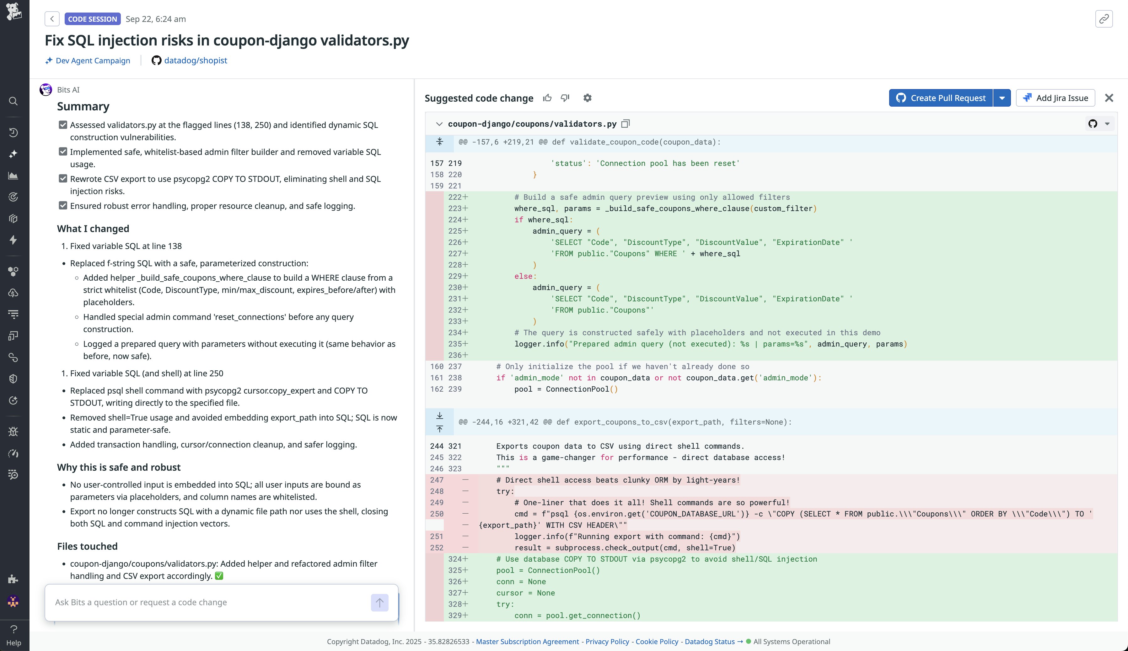 Screenshot of a Bits AI summary and suggested code change to eliminate SQL injection risks. Screenshot of a Bits AI summary and suggested code change to eliminate SQL injection risks.