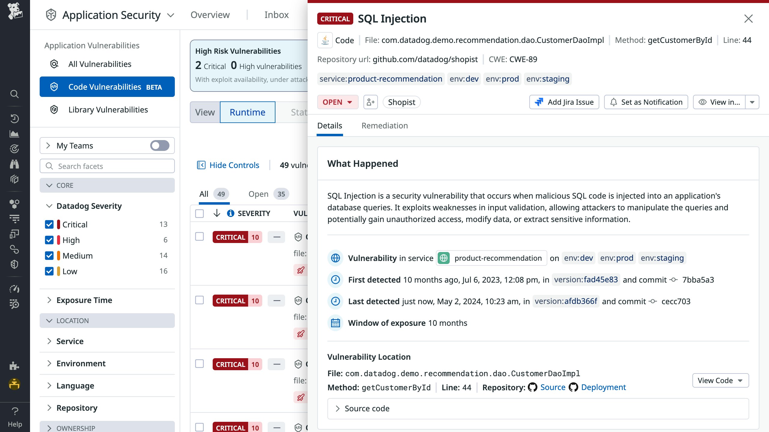 Vulnerability details for SQL injection Vulnerability details for SQL injection