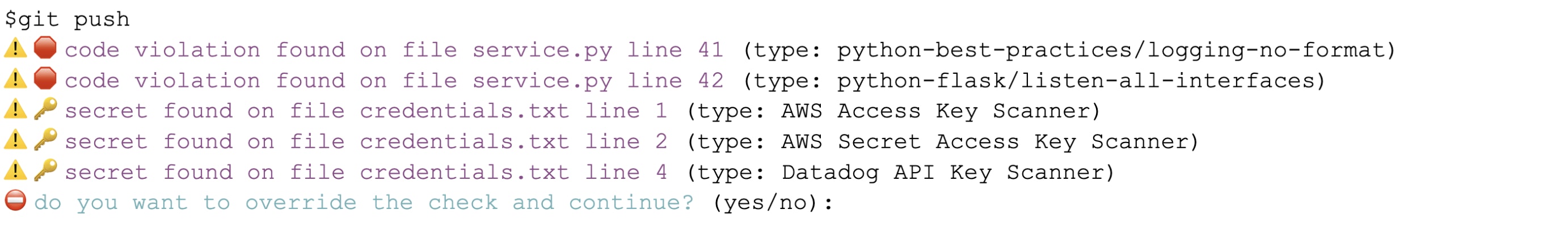 Example of a blocked commit in a CI pipeline due to detected secret exposure. Example of a blocked commit in a CI pipeline due to detected secret exposure.