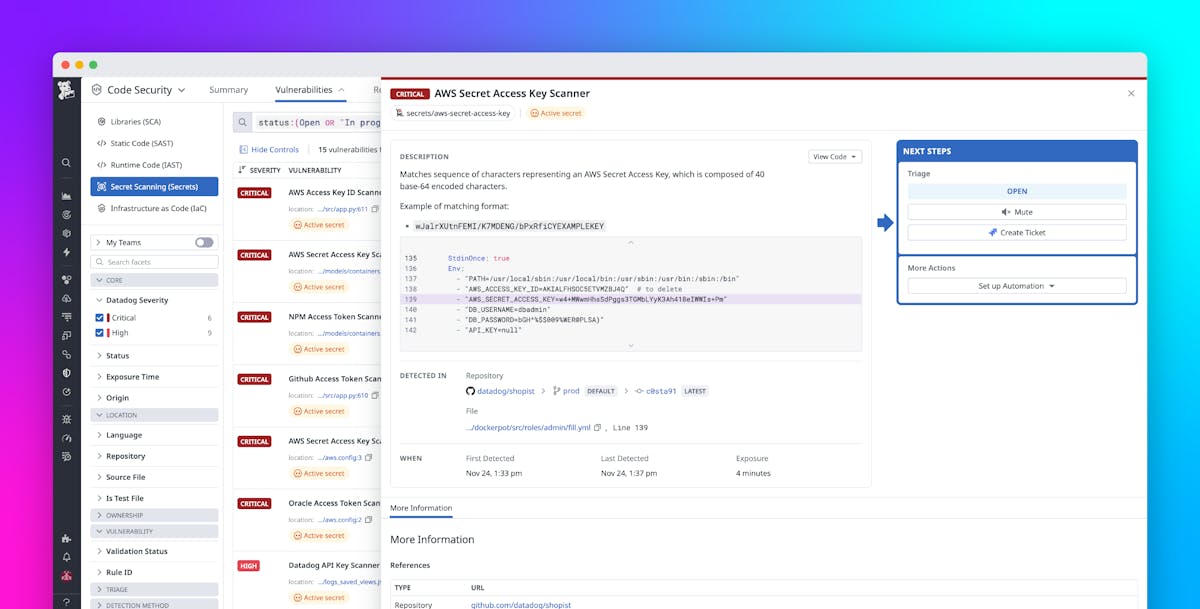 Detect and block exposed credentials with Datadog Secret Scanning