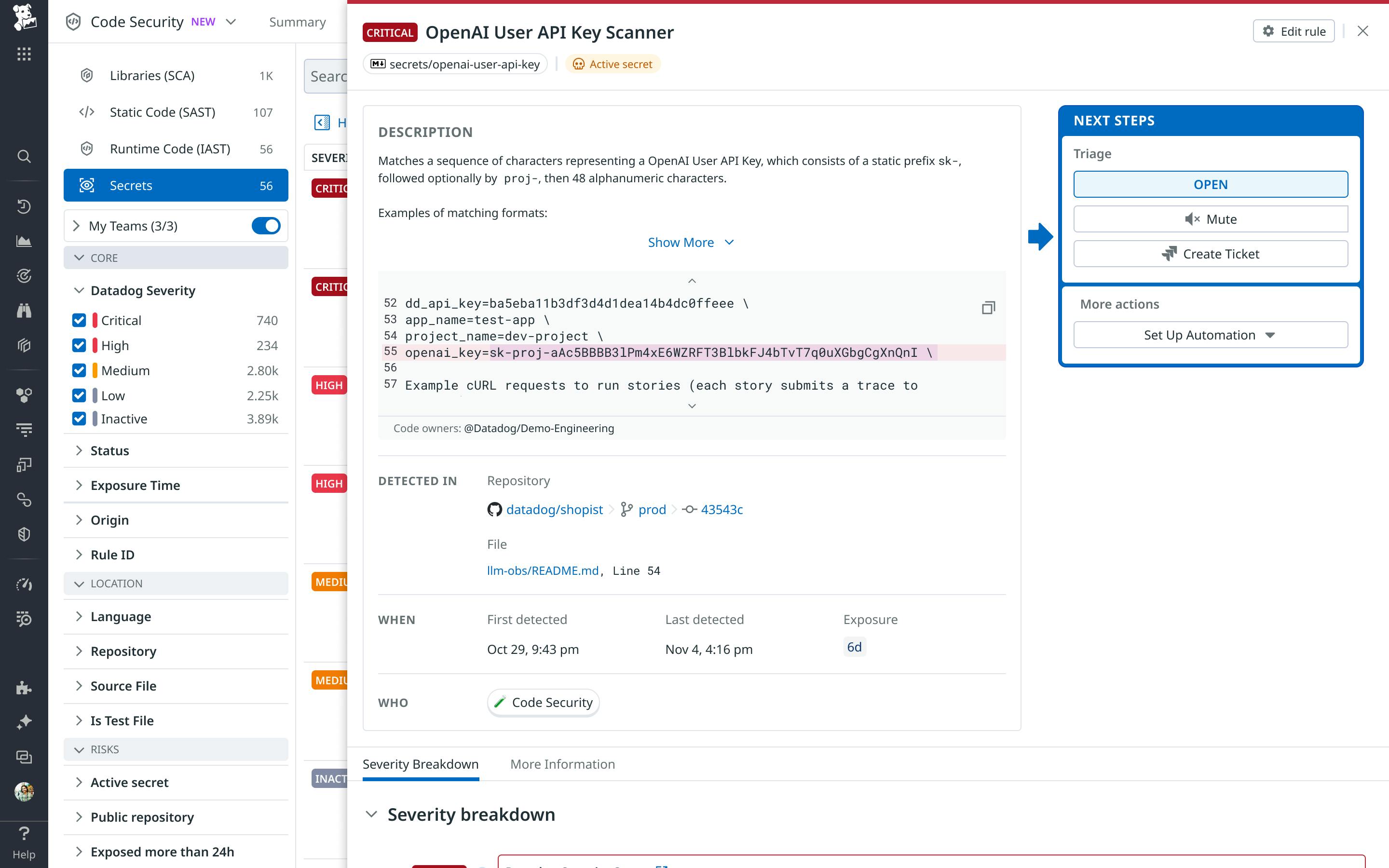 Screenshot of a critical finding from Datadog Code Security. The finding shows a sequence of characters that represent an OpenAI user API key.