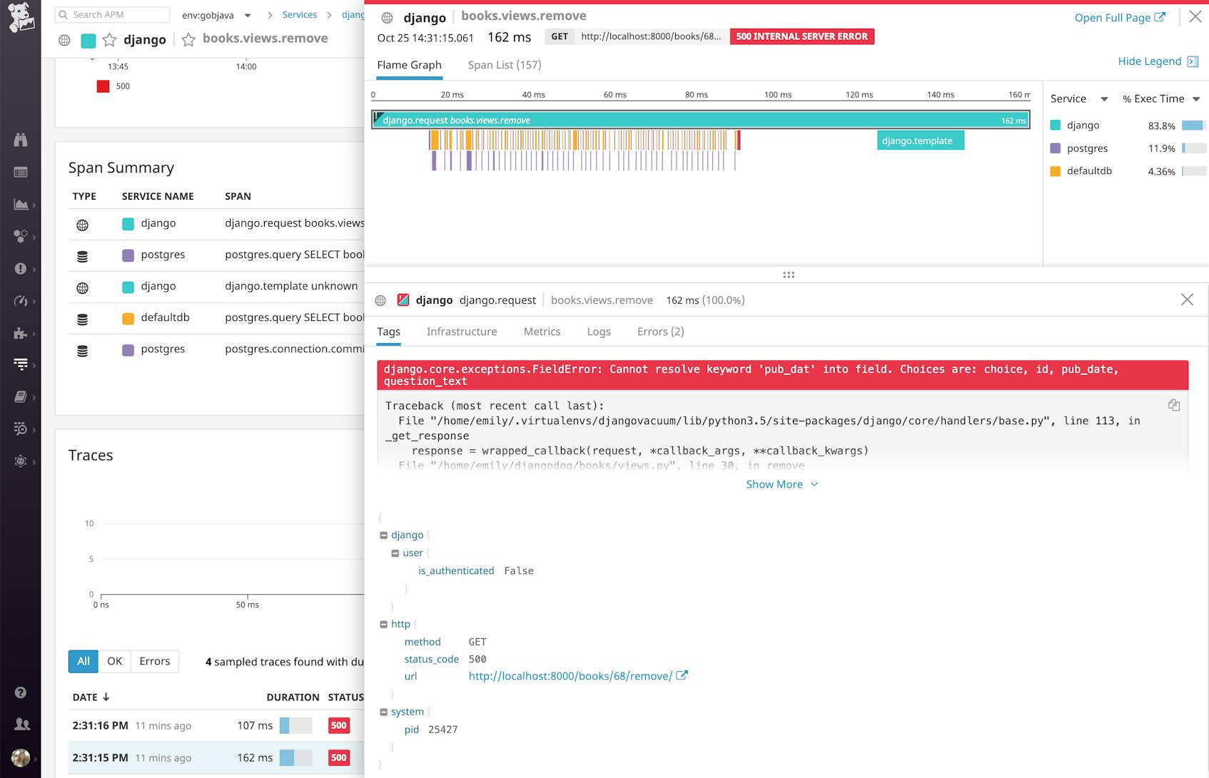 Monitor PostgreSQL data with Datadog: flame graph of a Django web app request with error