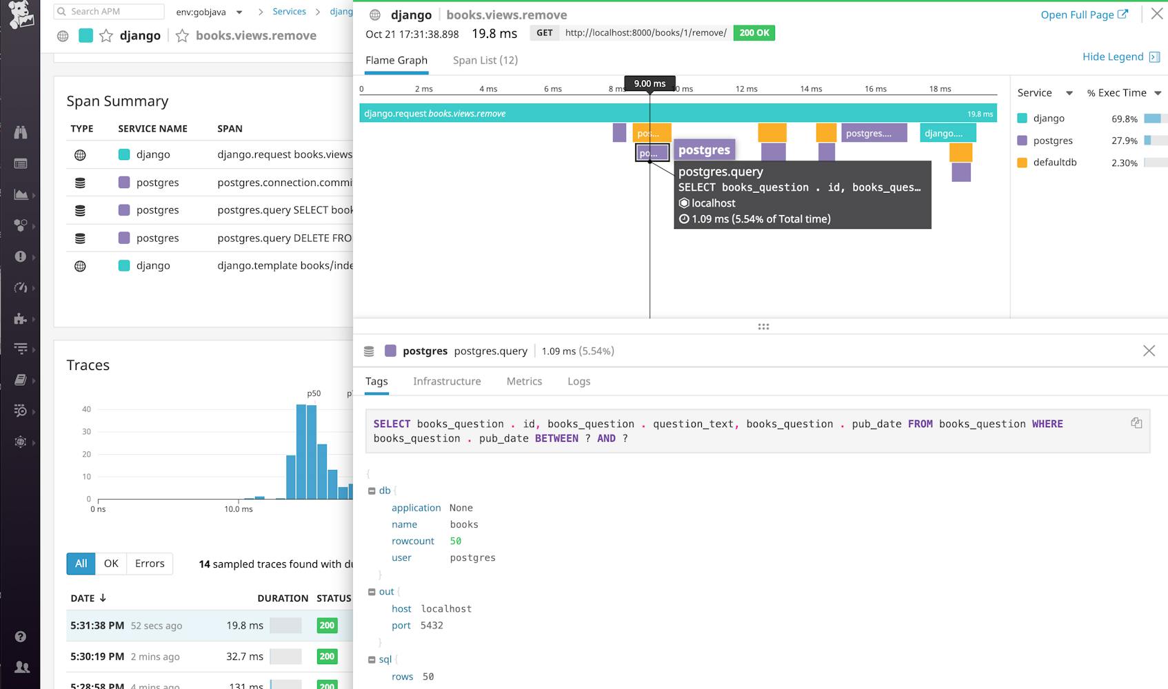 Monitor PostgreSQL with Datadog: flame graph of a Django web app request including PostgreSQL requests