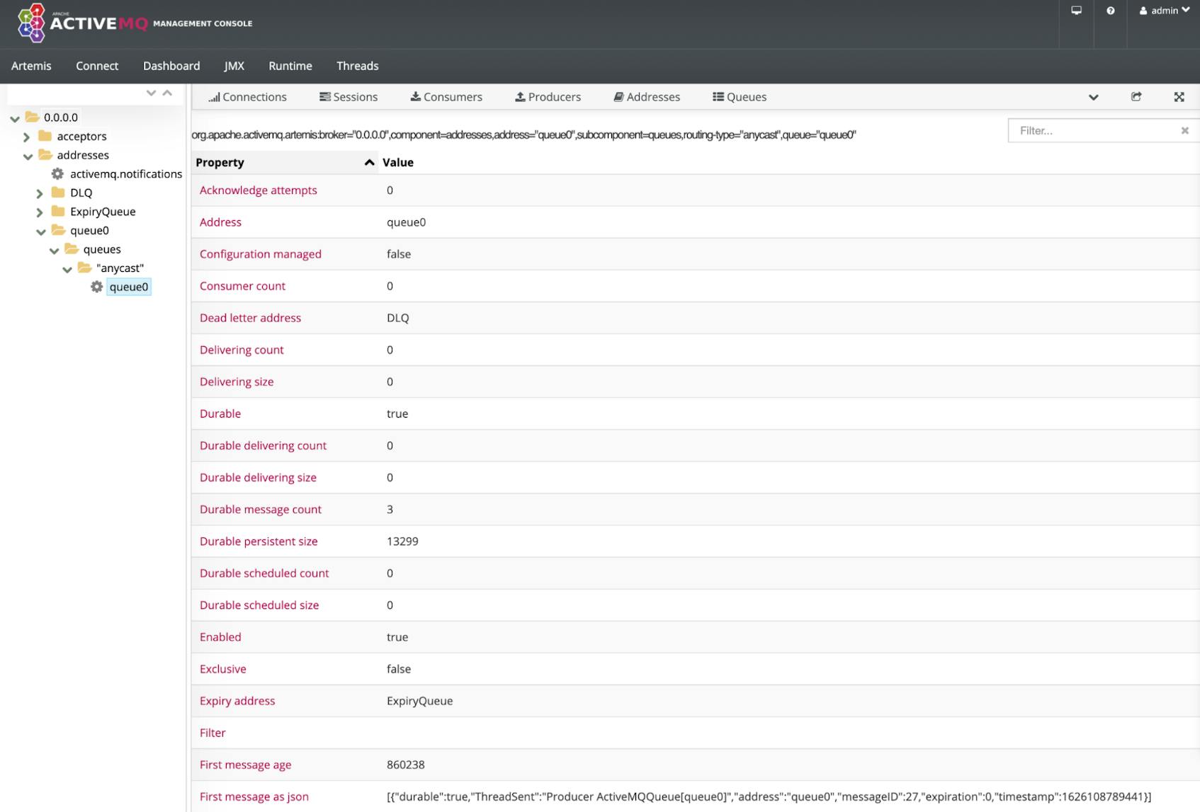 The ActiveMQ Artemis Web Console shows queue metrics including consumer count, message count, and queue size, plus configuration details about the queue.