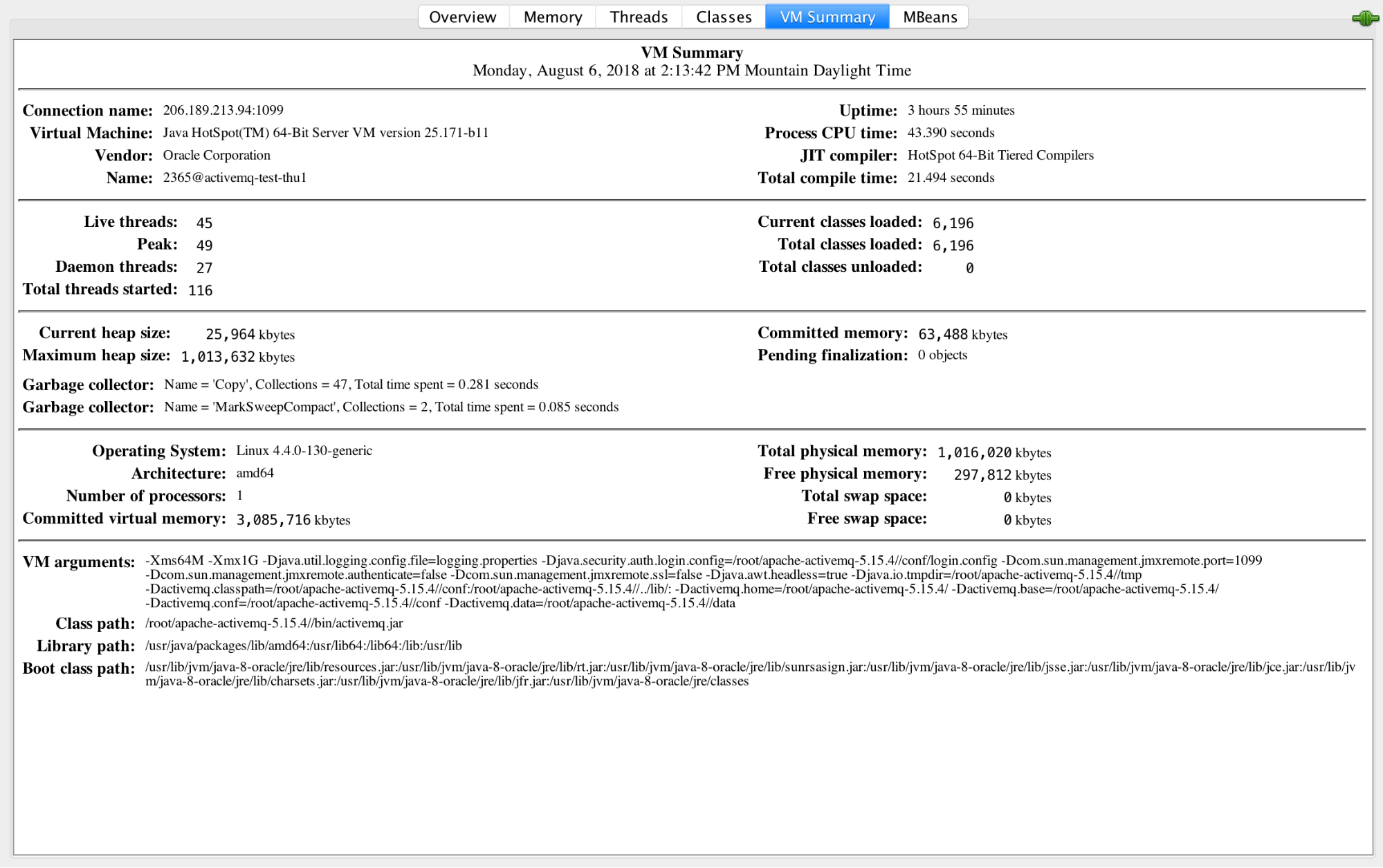 Screenshot of the JConsole VM Summary tab which shows a summary of the JVM's thread count, classes loaded, and memory in use. Screenshot of the JConsole VM Summary tab which shows a summary of the JVM's thread count, classes loaded, and memory in use.