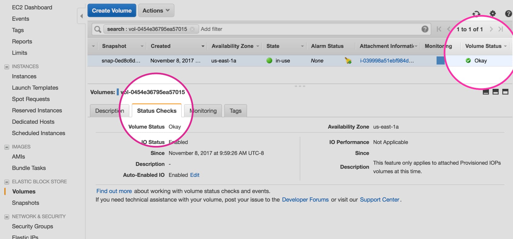 EBS volume status checks