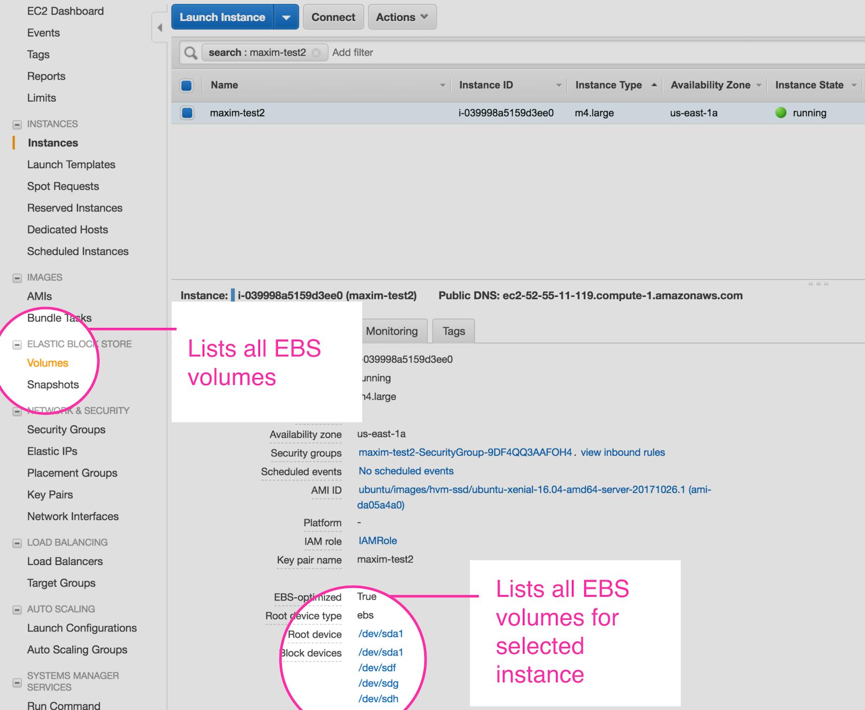 View EBS volumes from the EC2 console