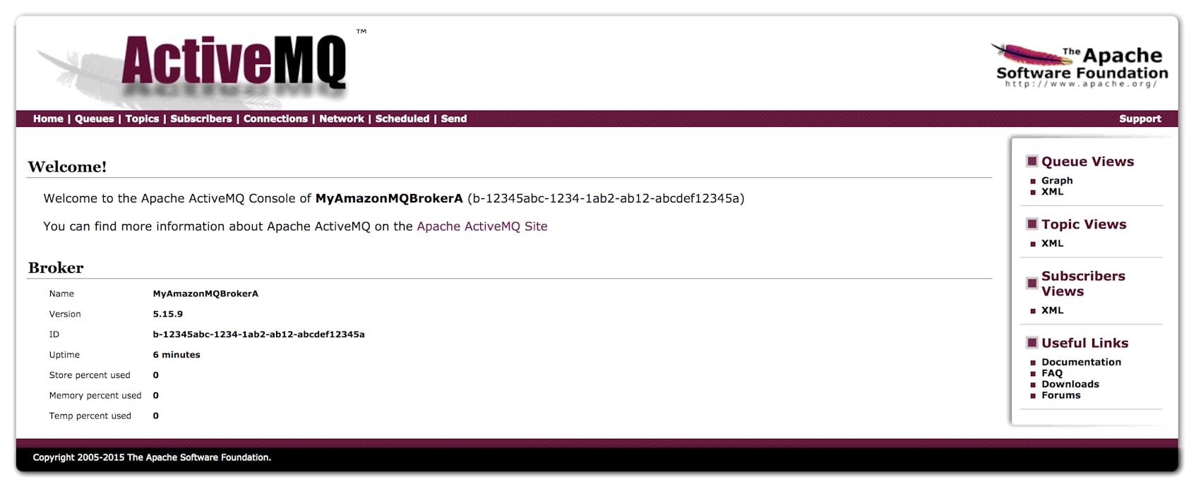 A screenshot shows the main page of the ActiveMQ Web Console, which includes the broker's uptime, store percent used, memory percent used, and temp percent used metrics.