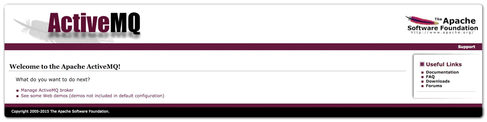 A screenshot shows the first page you see after logging in to the ActiveMQ Web Console, with a link to manage the ActiveMQ broker.