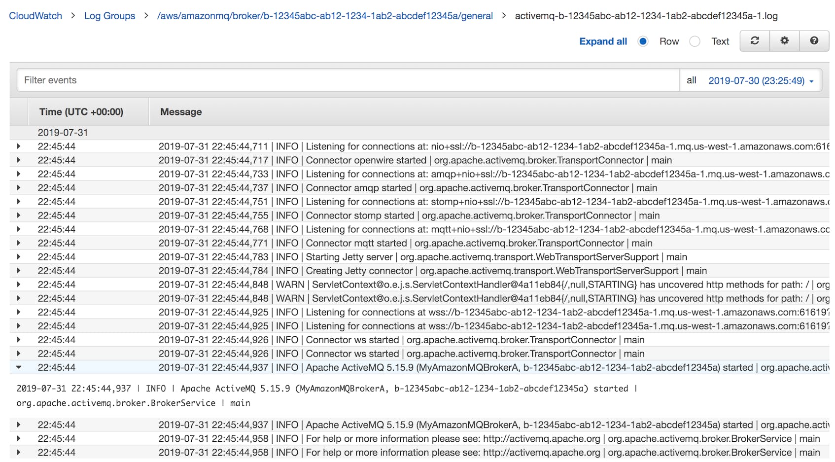 A CloudWatch logs screenshot displays a log that Amazon MQ created when it started a broker.