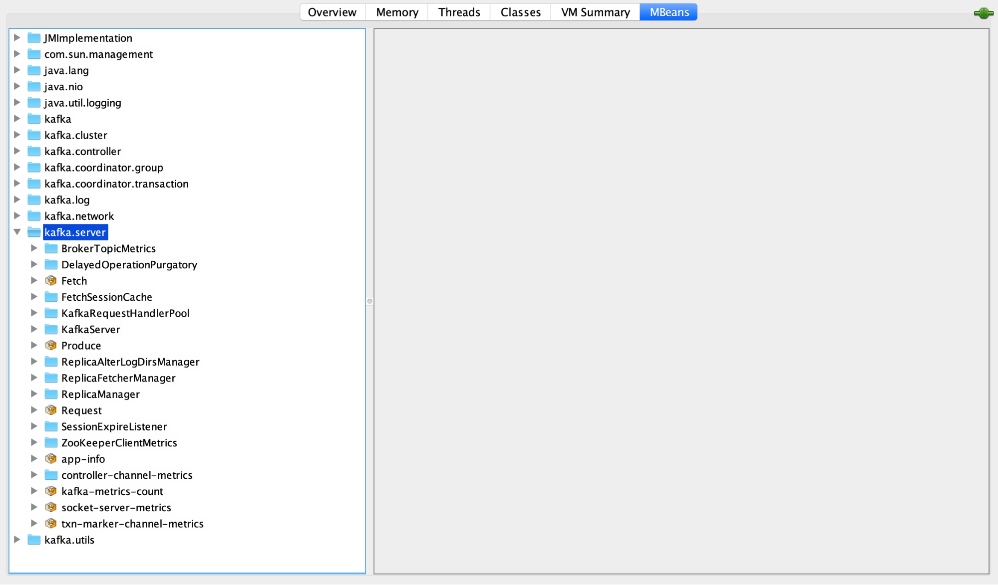 JConsole's MBean tab shows relevant JMX paths such as kafka.server and kafka.cluster JConsole's MBean tab shows relevant JMX paths such as kafka.server and kafka.cluster