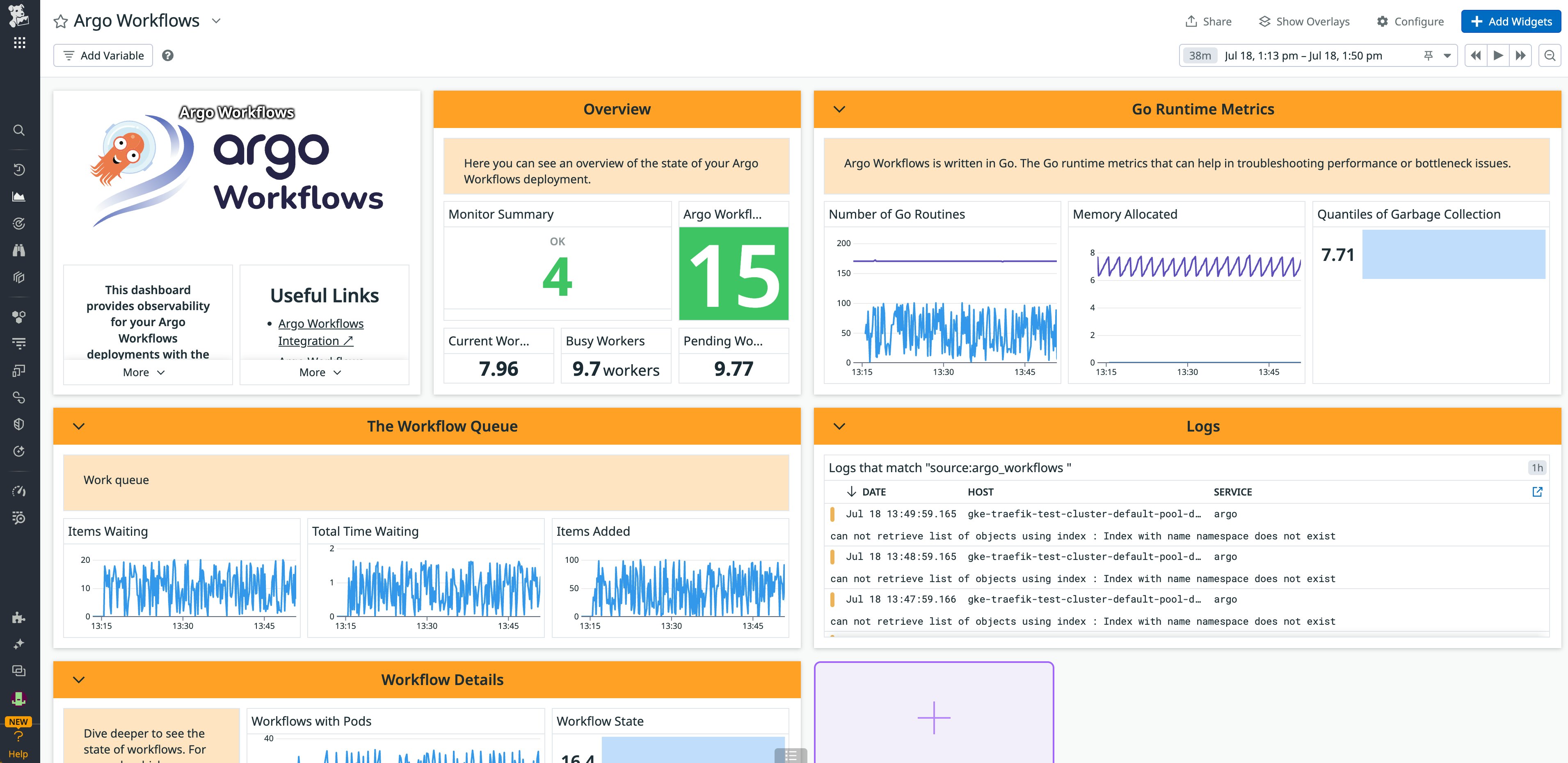 The Argo Workflows dashboard shows you Go runtime metrics, workflow queues, logs, and more. The Argo Workflows dashboard shows you Go runtime metrics, workflow queues, logs, and more.