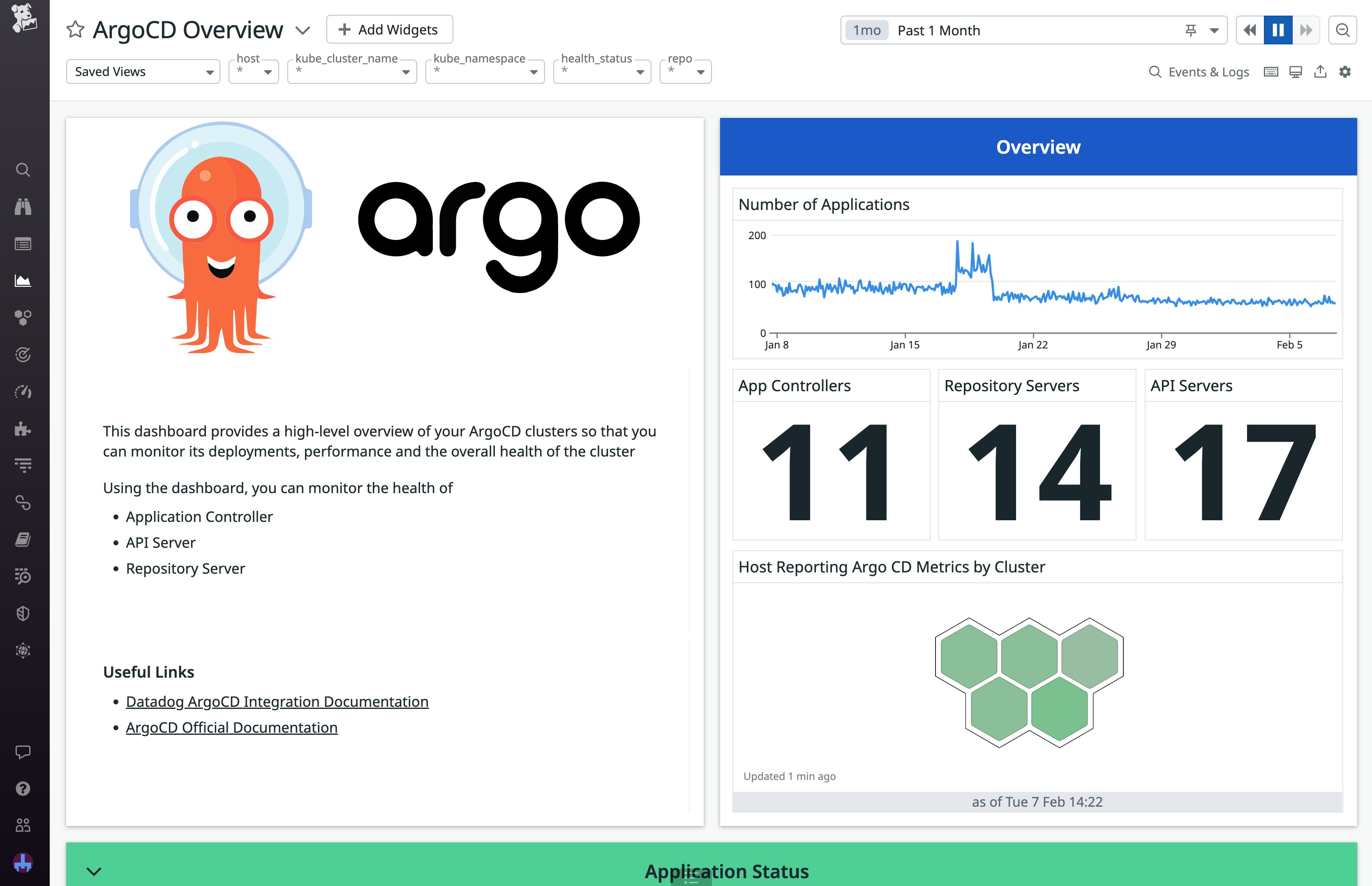 The Argo CD dashboard provides a high-level overview of your ArgoCD clusters so that you can monitor deployments, performance, and the overall health of the cluster. The Argo CD dashboard provides a high-level overview of your ArgoCD clusters so that you can monitor deployments, performance, and the overall health of the cluster.